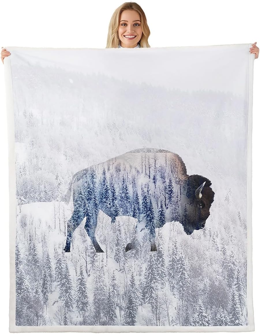 Feelyou Cute Buffalo Sherpa Blanket 40"x50" Wild American Bison Fleece Throw Blanket 3D Wild Animal Wildlife Snowfield Forest Winter Plush Blanket for Bed Sofa Couch Room Decor White Fuzzy Blanket