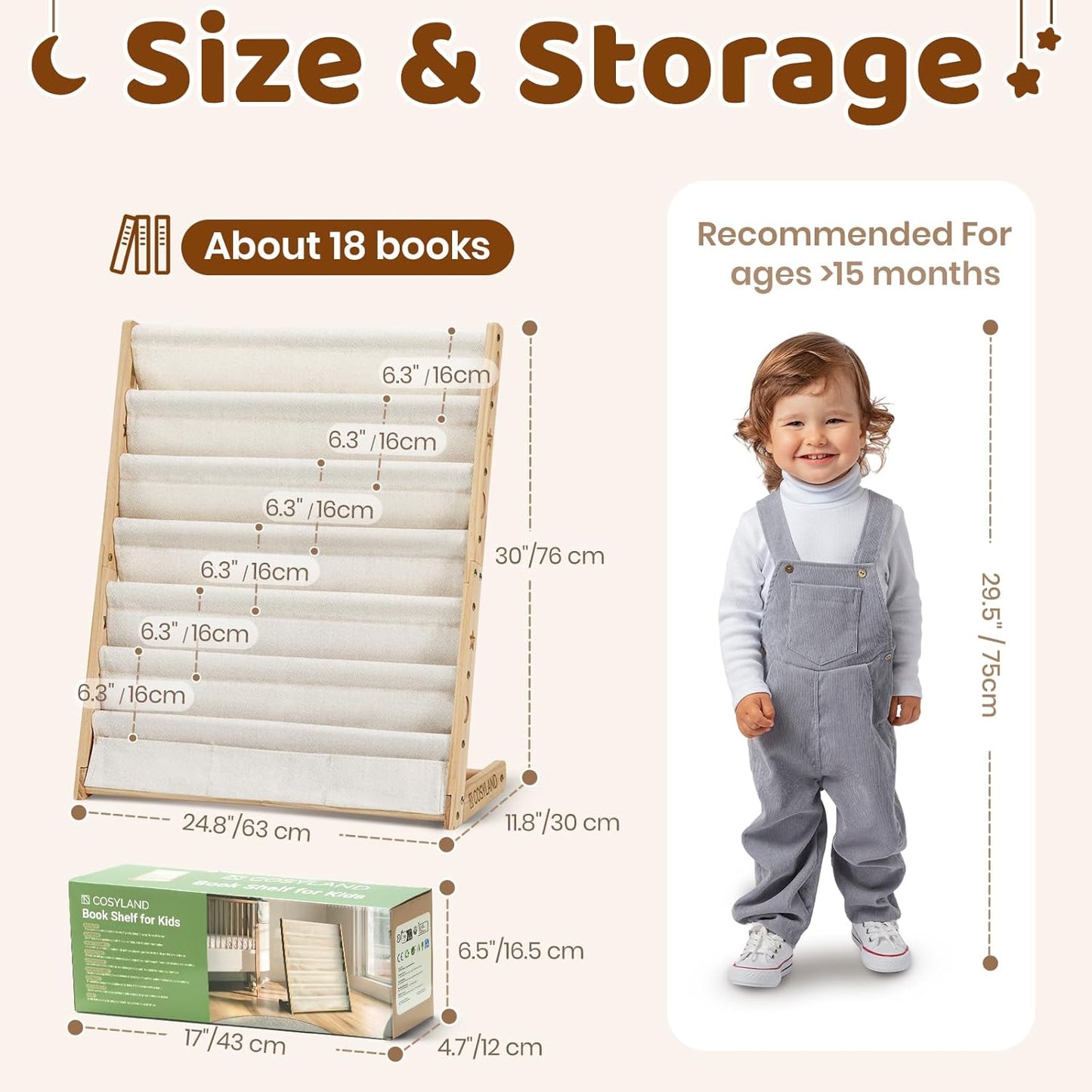 COSYLAND 7-Tier Kids Bookshelf - Wooden Sling Book Rack with Deep Pockets, Nursery & Playroom Organizer, Fabric Storage Shelf for Toddlers, Easy-Access Display, Natural Walnut