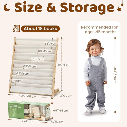 COSYLAND 7-Tier Kids Bookshelf - Wooden Sling Book Rack with Deep Pockets, Nursery & Playroom Organizer, Fabric Storage Shelf for Toddlers, Easy-Access Display, Natural Walnut