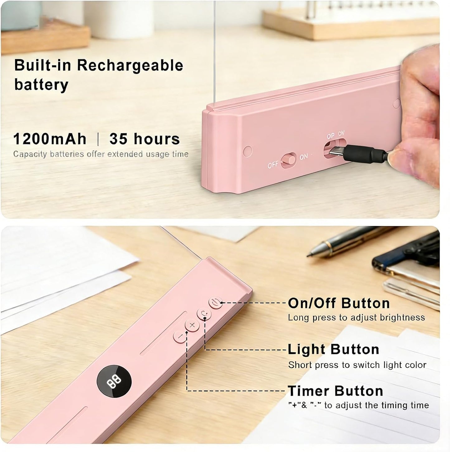 LED Clear Flat Book Light,Rechargeable Clear Flat Panel Reading Lamp with 3 Color Temperatures, Dimmable & Timer, Full Page Illumination for Bedtime Reading, USB-C Charging (Pink)