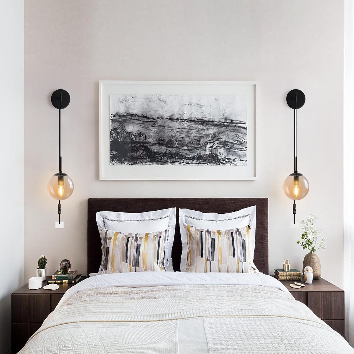 Wall Sconces Set of Two Matte Black 🔥🔥🔥 Wall Lights for Bedroom Plug in Wall Sconces Set of 2 with Globe Amber Glass Shade Indoor Wall Lamp with Plug in Cord Sconces Wall Decor Set of 2 with Switch
