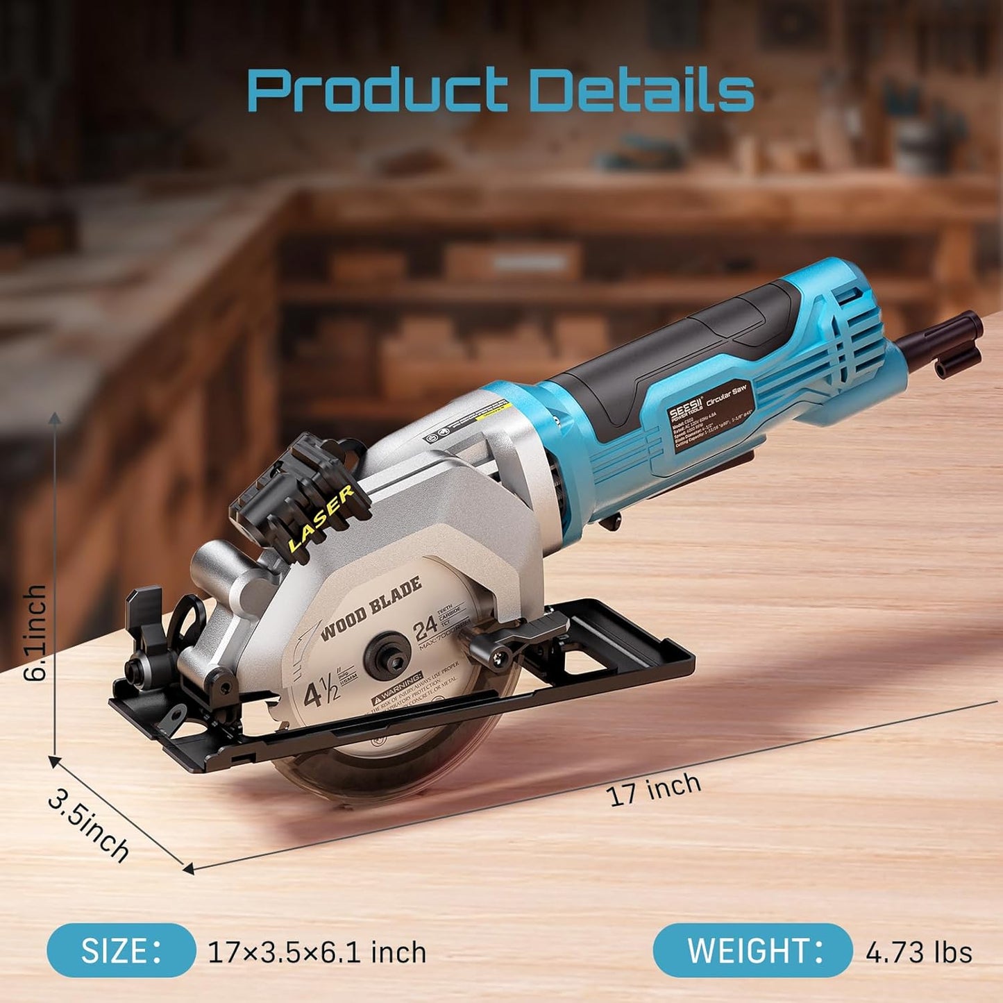 Seesii Mini Circular Saw with Laser Guide,4.8A 4000 RPM Compact Corded Circular Saw with Rip Guide,3 Blades (4-1/2") for Wood,Soft Metal,Tile,Plastic Cutting,Max Cut Depth 1-11/16"(90°),1-1/8" (45°)