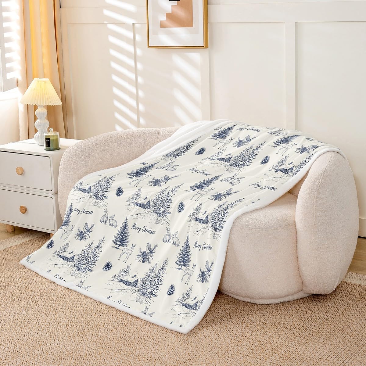 Erosebridal Navy Blue Christmas Throw Blanket Throw Size, Winter Village Blanket for Kids Adults, Christmas Tree Reindeer Pattern Fleece Blanket, Xmas Holiday Theme Sherpa Blanket