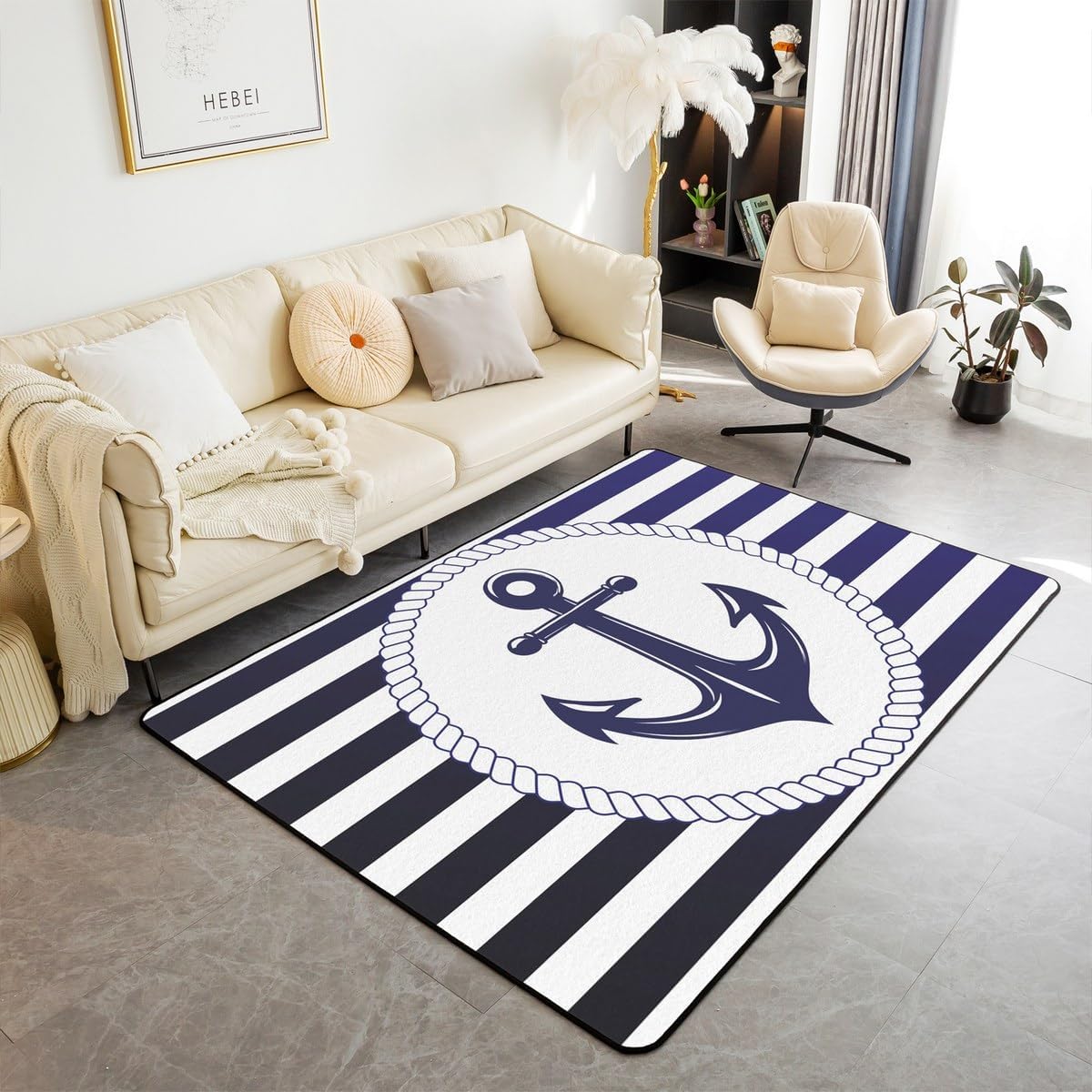 Erosebridal Nautical Living Room Rugs for Kids Adults Boys Navy Anchor Decorative Carpet Geometric Blue Stripes Area Rug Retro Sea Adventure Theme Ocean Navigation Indoor Floor Mat