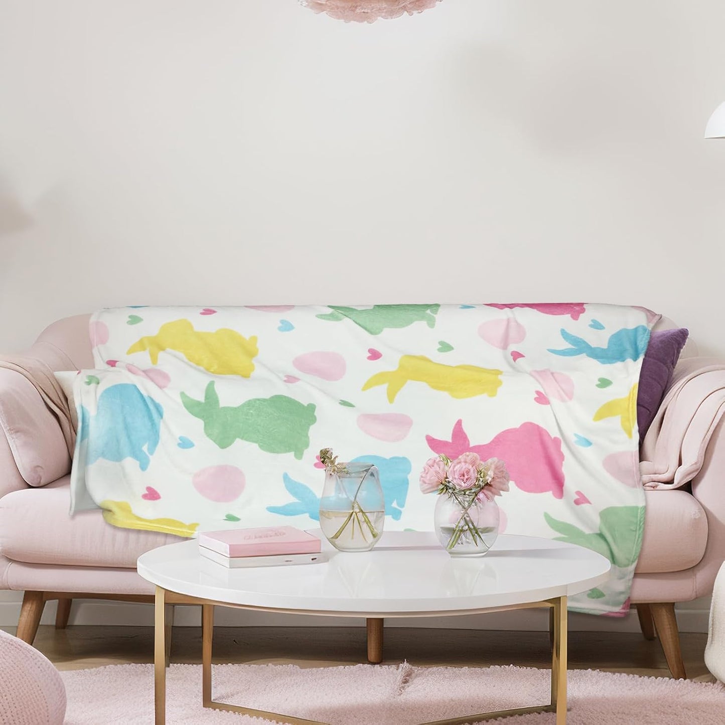 Easter Blanket Spring Bunny Rabbit Eggs Soft Flannel Colorful Decorative Throw Blanket Decor Holiday Square Birthday Gift for Home Couch Sofa Bed Room Decoration, 50x60 Inch