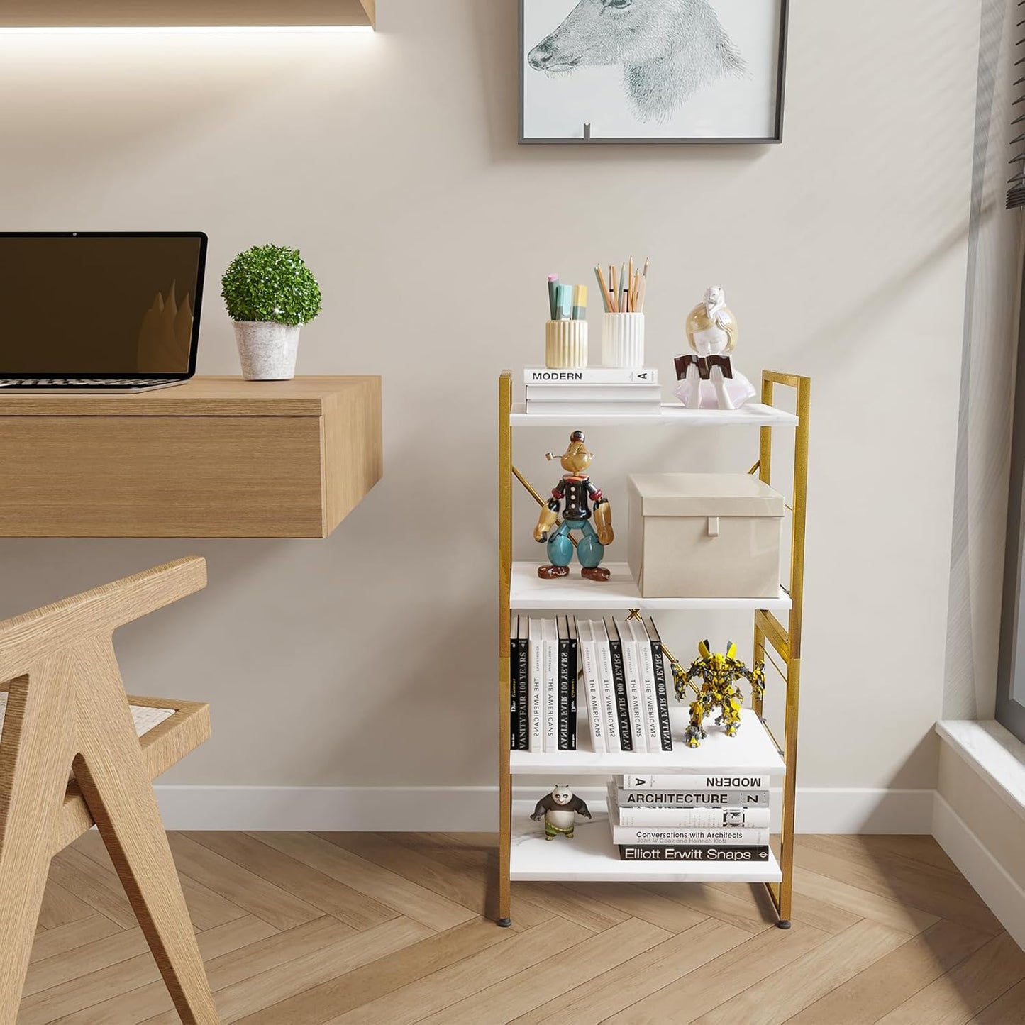 4 Tiers Bookshelf Adjustable White Faux Marble Organizer, Modern Small Bookcase for Small Space,Industrial Wooden Storage Display Rack and Storage Organizer for Living Room Home Office(Glod)