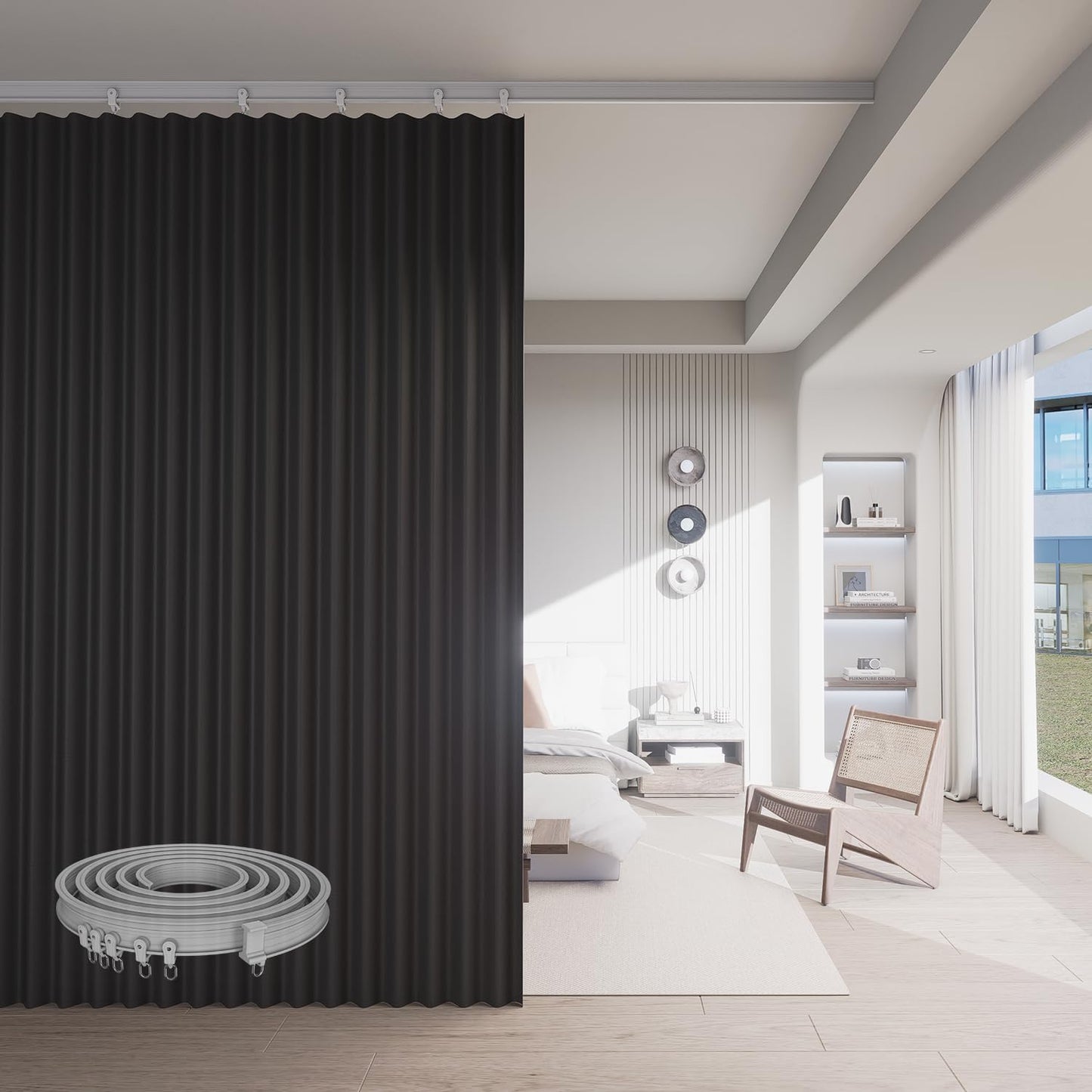 Room Divider Curtains, Blackout Curtains with Bendable Ceiling Curtain Track, Partition Room Dividers Extra Wide Thermal Insulated Soundproof Curtains Floor to Ceiling Curtains (Black, 100W X 84L)
