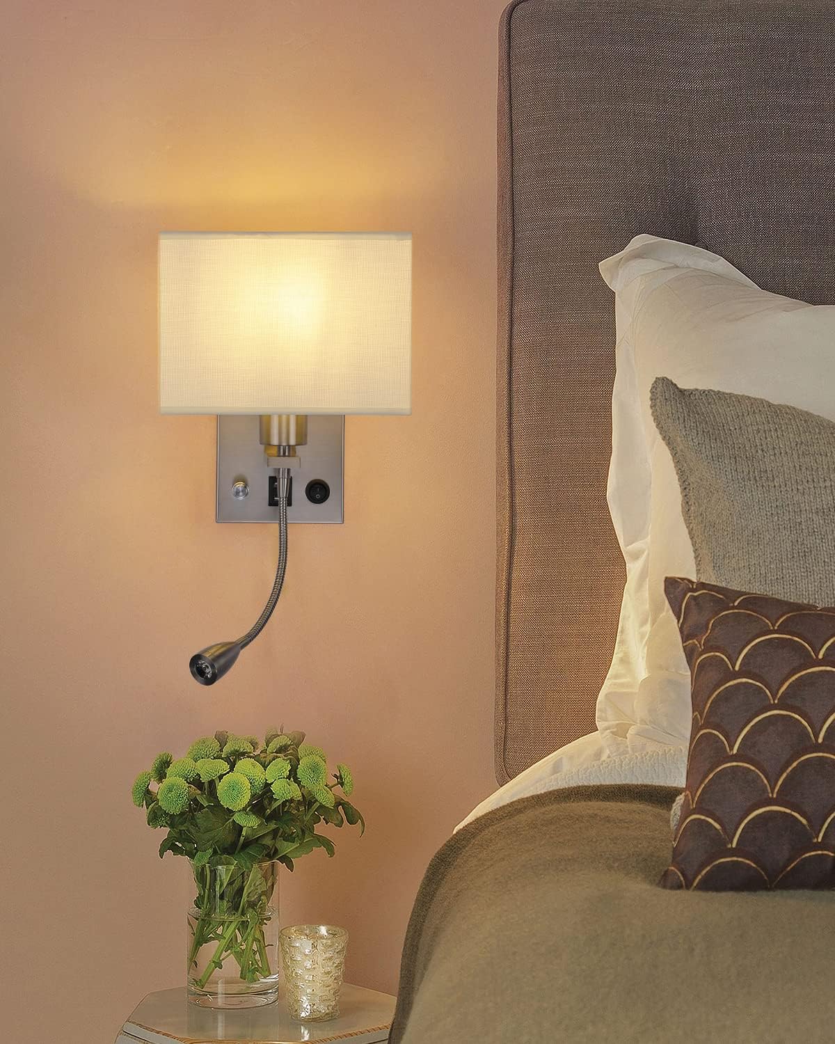 Wall Sconce Plug in Cord Set of 2, Bedside Wall Mount Lights with Dimmable Switch, LED Bedroom Wall Lighting Fixtures with Reading Lamp USB Ports Brushed Nickel