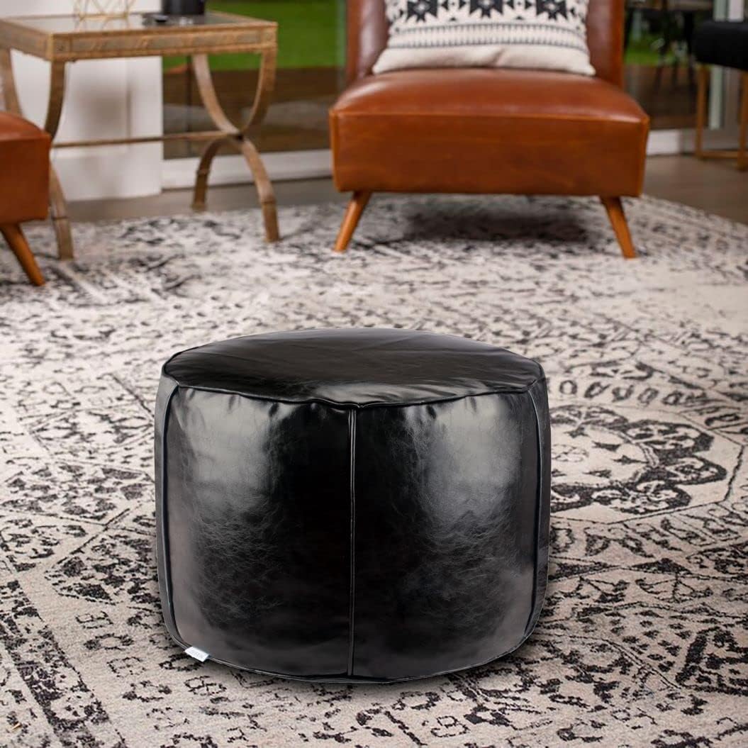 Handmade Unstuffed Faux Leather Pouf Ottoman - Storage Solution and Floor Seat - 14"x20" Round Stool - Perfect as a Futon Chair, footrest Ottoman, cushionl Ottoman, or Leather Foot Stool(Black)