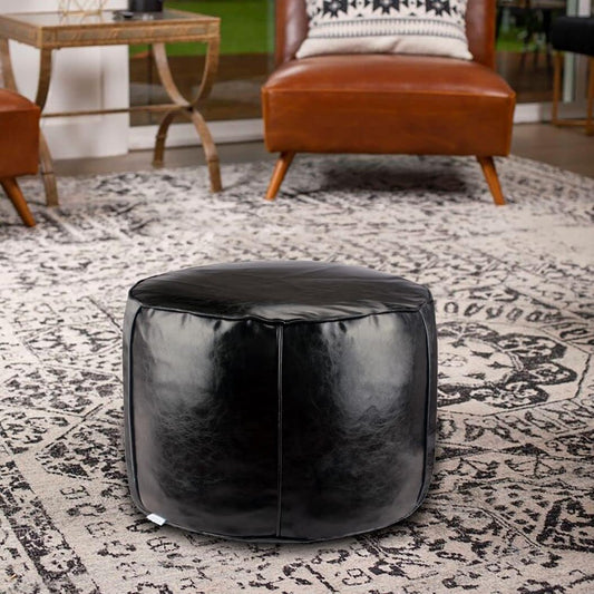 Handmade Unstuffed Faux Leather Pouf Ottoman - Storage Solution and Floor Seat - 14"x20" Round Stool - Perfect as a Futon Chair, footrest Ottoman, cushionl Ottoman, or Leather Foot Stool(Black)