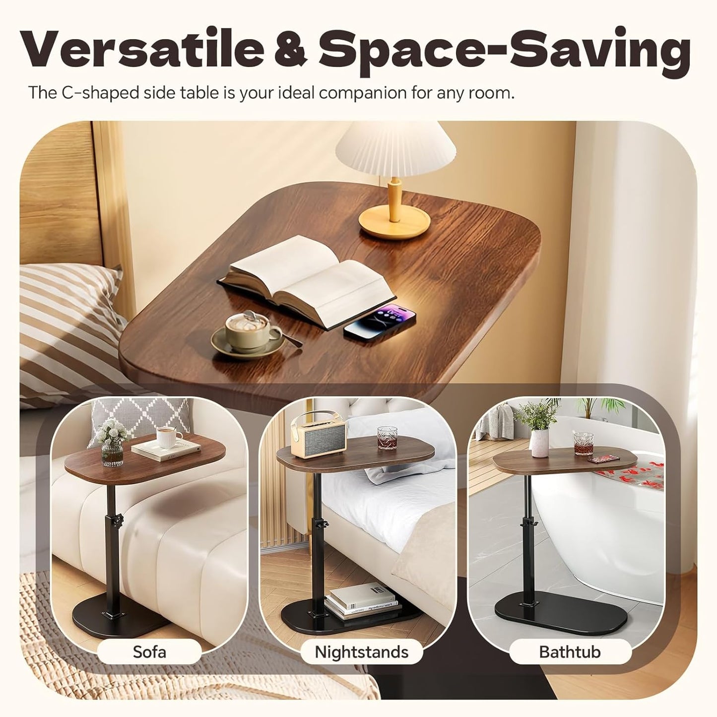 C-Shaped End Table, Adjustable Height Small Side Table for Couch, 360°Swivel Side Table Living Room and Bedroom for Sofa, Bed,Chair, Snack (Walnut)