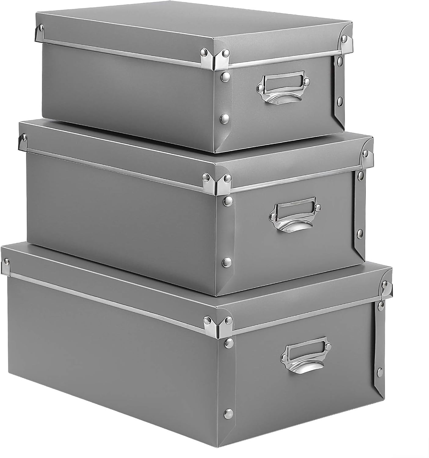 SEEKIND Storage Box, Decorative Storage Bins with Lid,3 in 1 Set,Plastic,with Handles,Press-Stud Fastening,Moisture-Proof,Foldable for Space Saving Storage,for Clothes, Cosmetic,Blankets (Grey) …