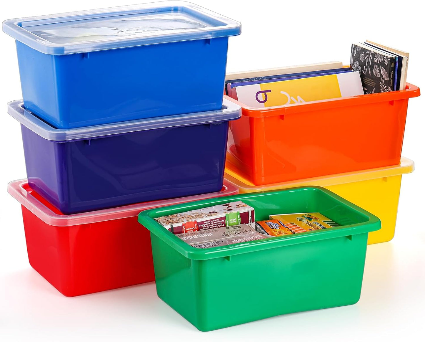 Nicunom 6 Pack Small Cubby Bins Storage Bins with Lids, 5 Qt Plastic Storage Bins Colorful Toy Storage Containers, Stackable Organizer Cubbies for Classroom Home