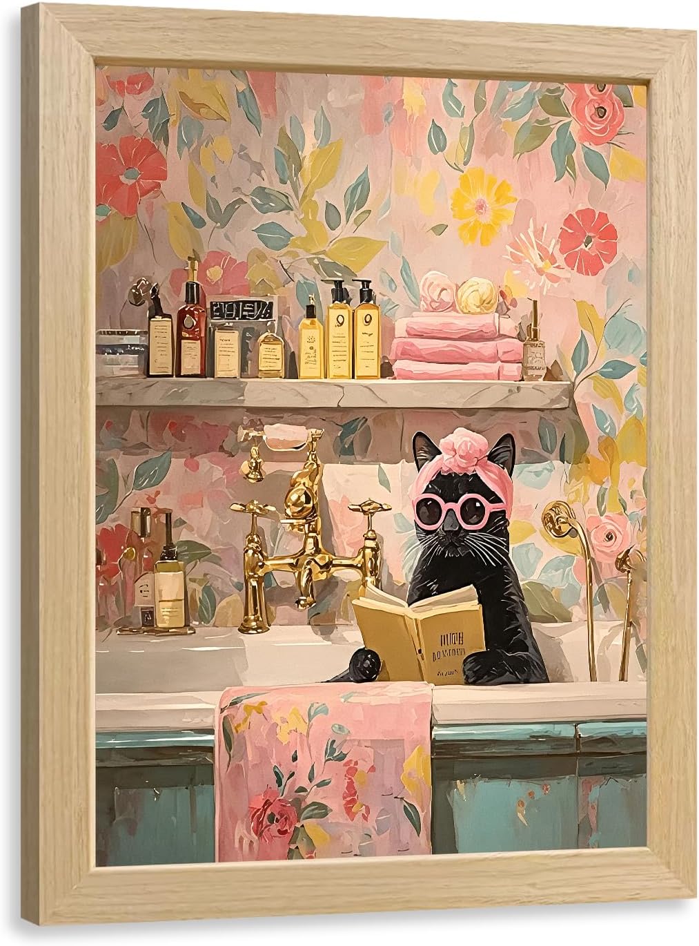 TSTVO Wood Framed Funny Cat Wall Art, Quirky Black Cat Reading Book In The Bathtub Wall Decor, Humorous Animal Poster Print, Pink Animal Aesthetic Picture for Bathroom Bedroom Ready To Hang 8x10 Inch