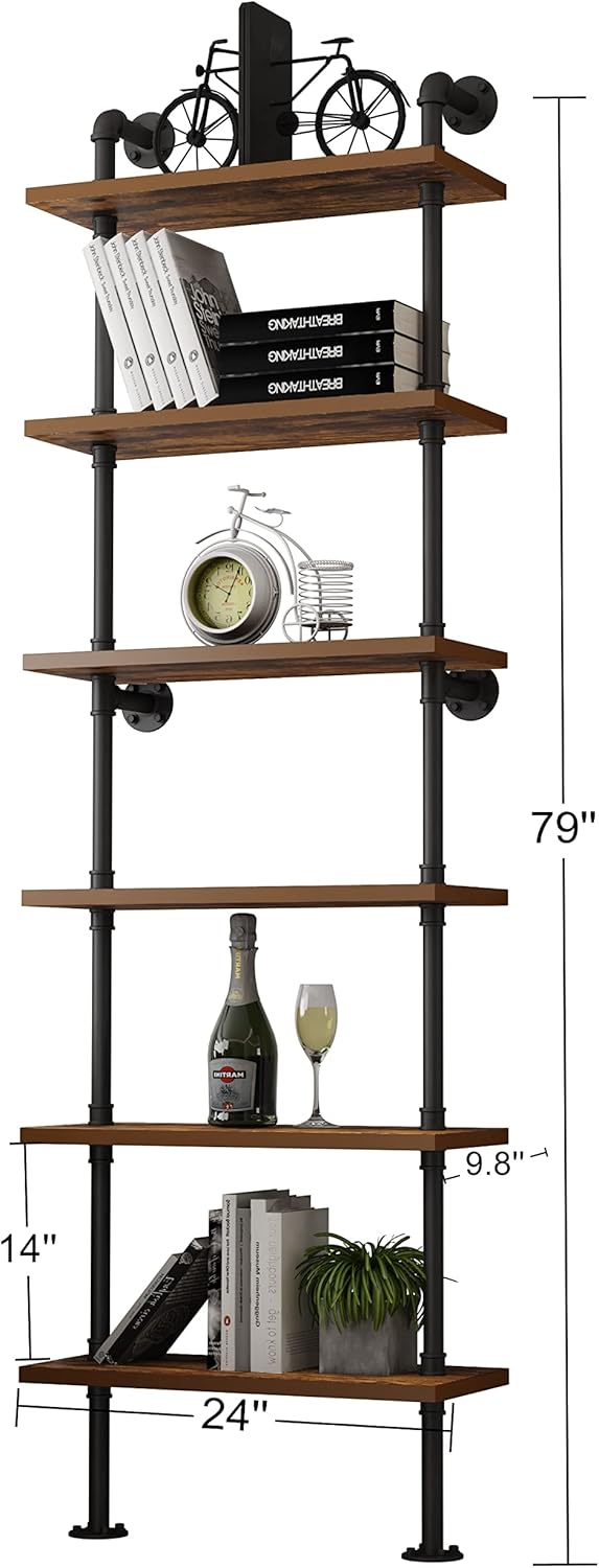 HOMEKAYT Industrial Pipe Shelf Rustic Wood Wall Shelf Ladder Bookshelf Wall Mounted Storage Decor Shelf for Home, Office, Living Room(6-Tier)-Black