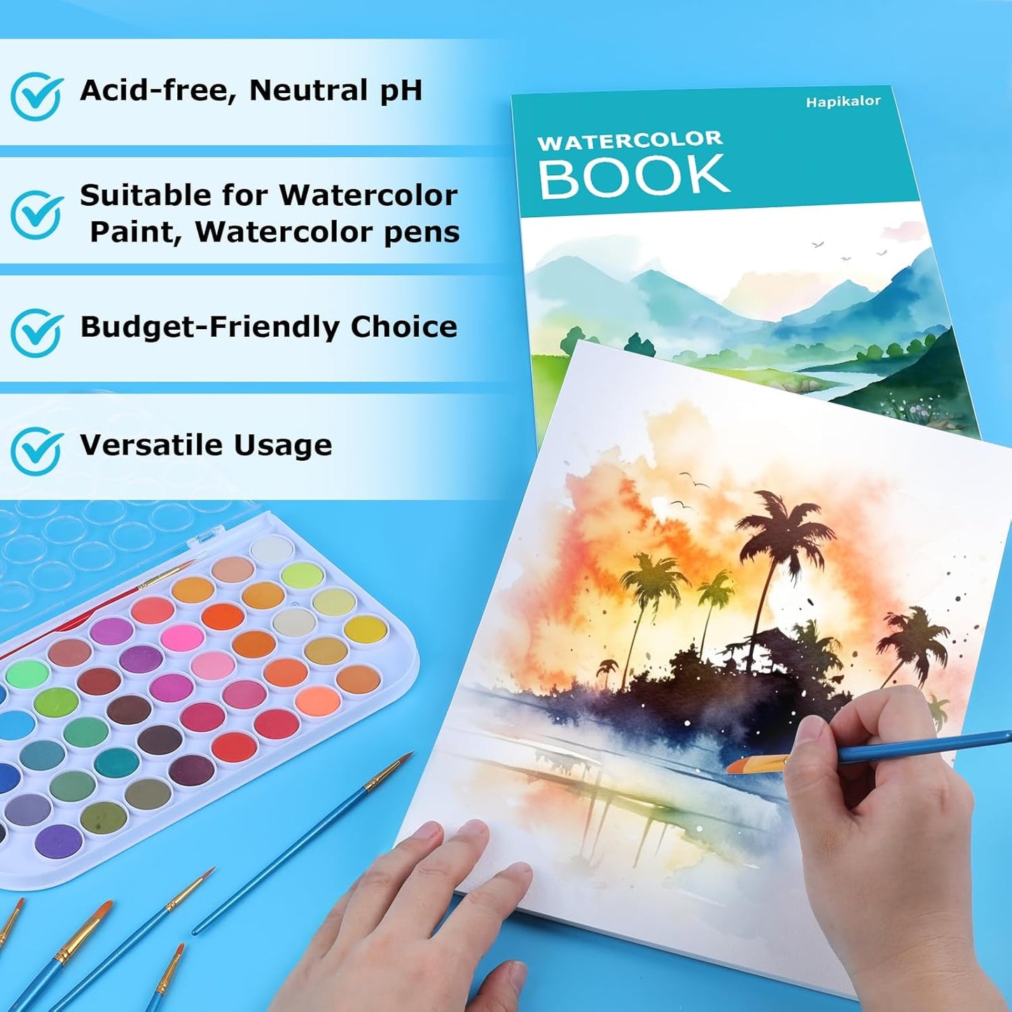Hapikalor Watercolor Paper Pad, 9"x12" Water Color Paper, 140lb/300gsm Artist Painting Drawing Paper Book, Art Supplies for Adults Kids, Watercolors, Watercolor Paint Set, Sketchbook, Journal, Teal