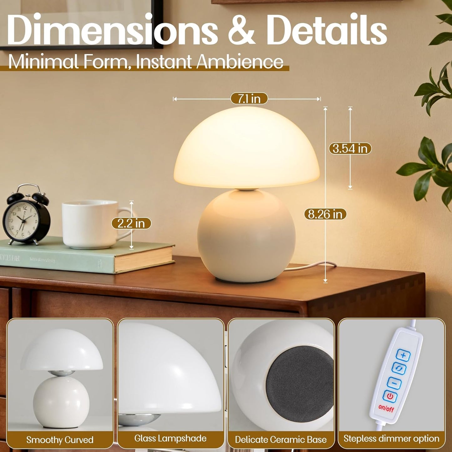 Small Mushroom Lamp,USB-Plug in Bedside Table Lamps with 3-Temperature LED Bulb Dimmable,Unique Cute Aesthetic Home Decor for Living Room/Bedroom/Entryway/Table Decor(Cream White)