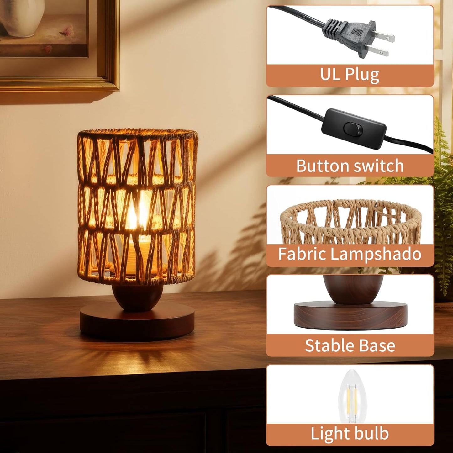 Handmade Rattan Lamp Farmhouse Table Lamp for Bedroom, Rustic Woven Lamps for Night Stands with Warm White LED Bulb, Boho-Inspired Boho Lamp for Living Room Kitchen Nook, 12cm Shade 20cm Height