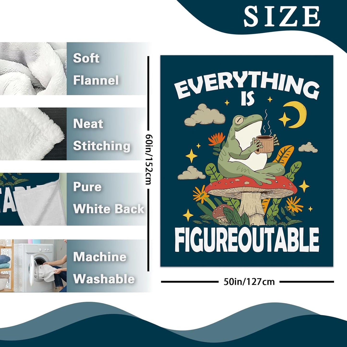 Inspirational Everything is Figureoutable Flannel Throw Blanket, Funny Frog Mushroom Motivational Kids Men Women Birthday Gifts, Positive Cottagecore Soft Blankets for Bedding Sofa 50" x 60"