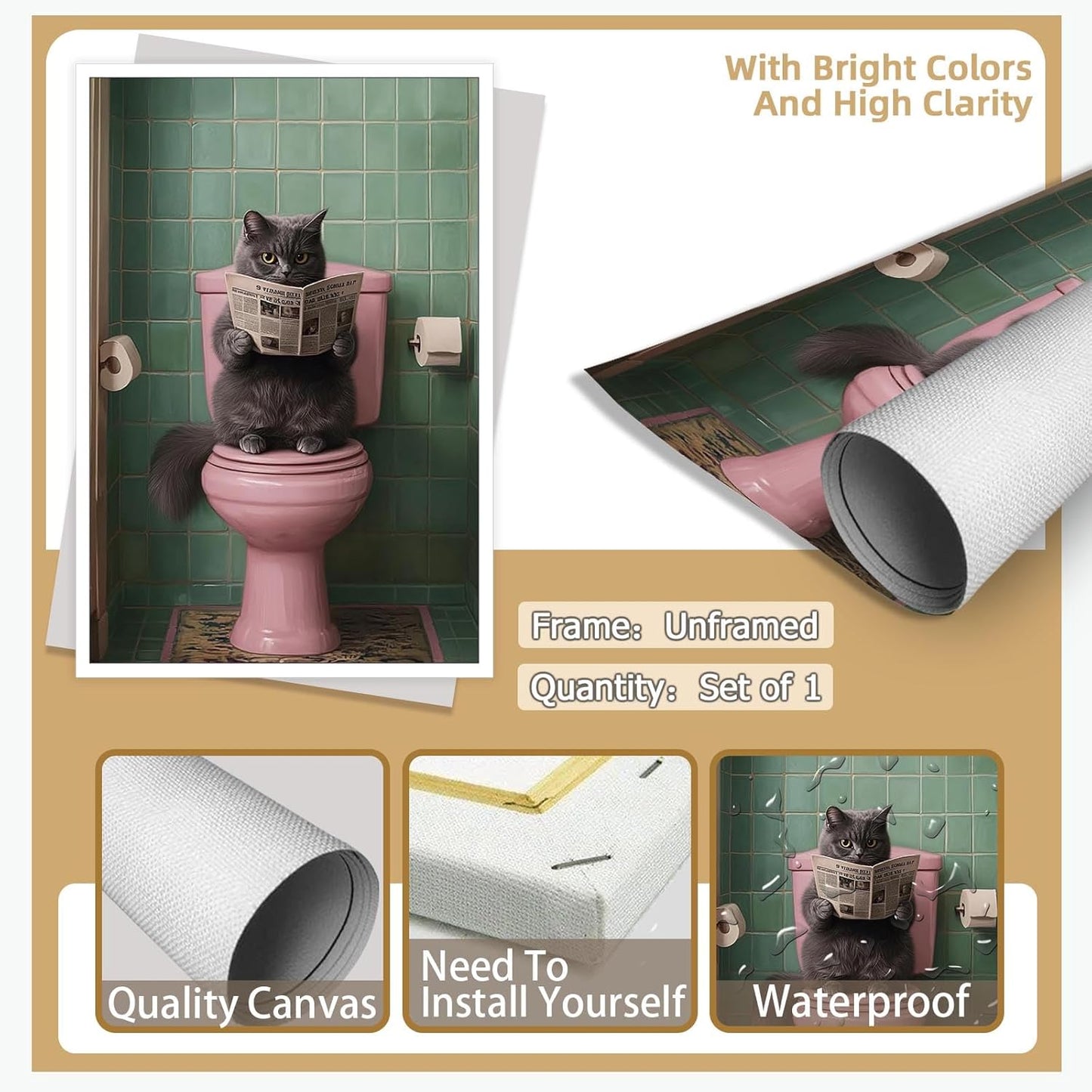 Funny Floral Art Quirky Bathroom Canvas Print Wall Art Poster Cat Reading Newspaper Print Unique Bathroom Decor Fun Animal Wall Art Funny Bathroom Sign 16X24 in Unframed