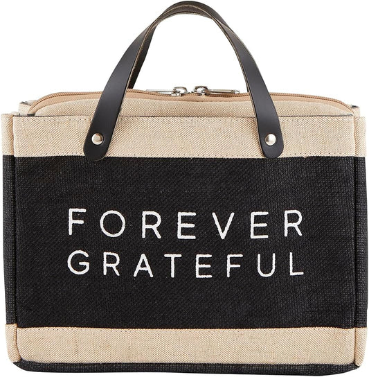 Creative Brands Faithworks - Jute Tote Bible Cover with Genuine Leather Handles and Side Compartments, 13 x 11-Inch, Forever Grateful