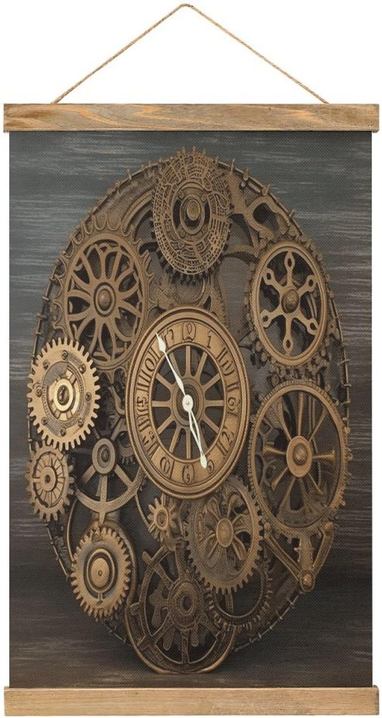Vintage Steampunk Gears Clock Poster with Wooden Frame Personalized Linen Hanging Scroll Painting Rustic Wall Hanging Illustrative Modern Artwork Decor for Home Living Room Bedroom Office