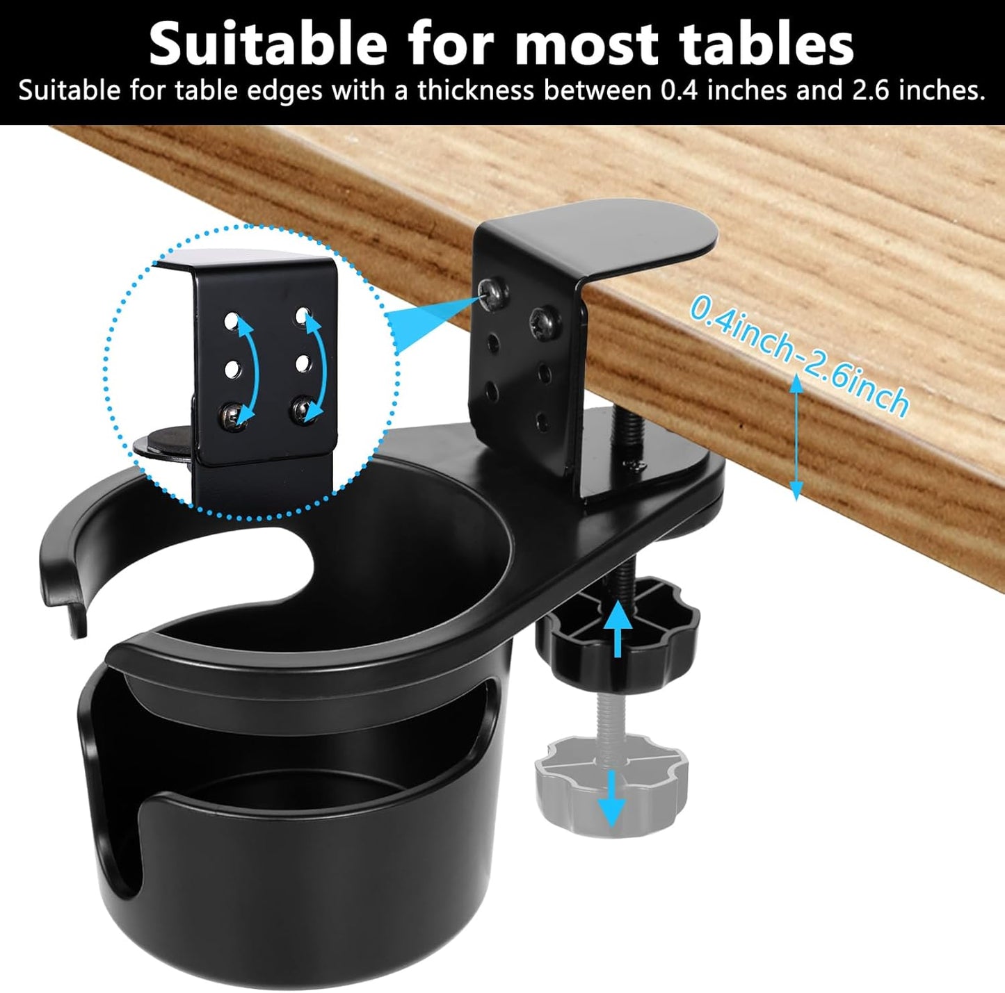 3-Stage Adjustable Desk Cup Holder Clamp, 360° Rotating Anti-Spill Tray for Water Bottles & Mugs, Heavy-Duty Under Desk Organizer for Office, PC Gaming & School, Black