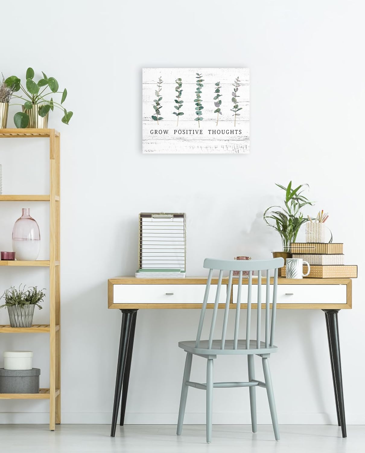 Grow Positive Thoughts Wall Art: Positive Quotes Inspirational Wall Sign for Office Women Kids Motivational Boho Eucalyptus Home Office Decor 12x15"