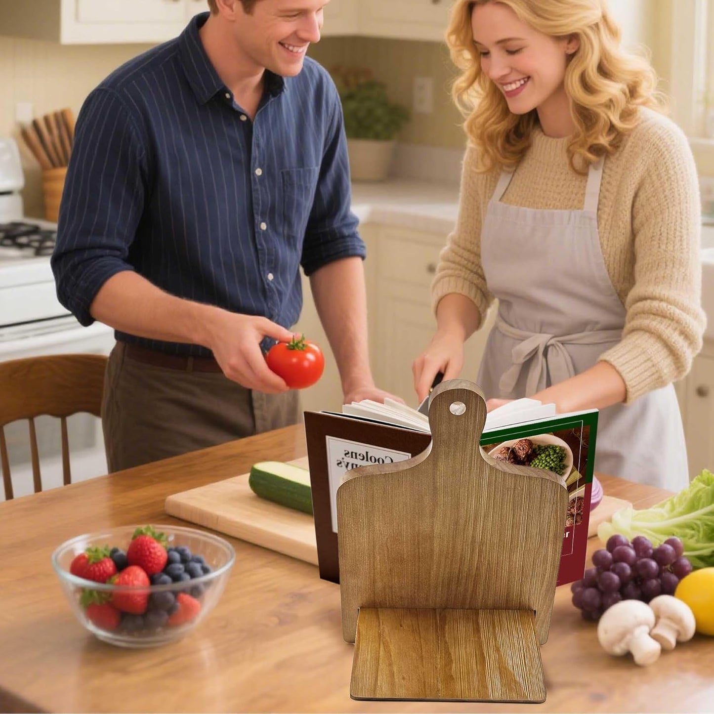 Cookbook Stand Recipe Book Holder: Cookbook Stand for Kitchen Counter, Adjustable iPad Tablet Recipe Book Holder, Rustic Wood Cutting Board Style, Gift for Women