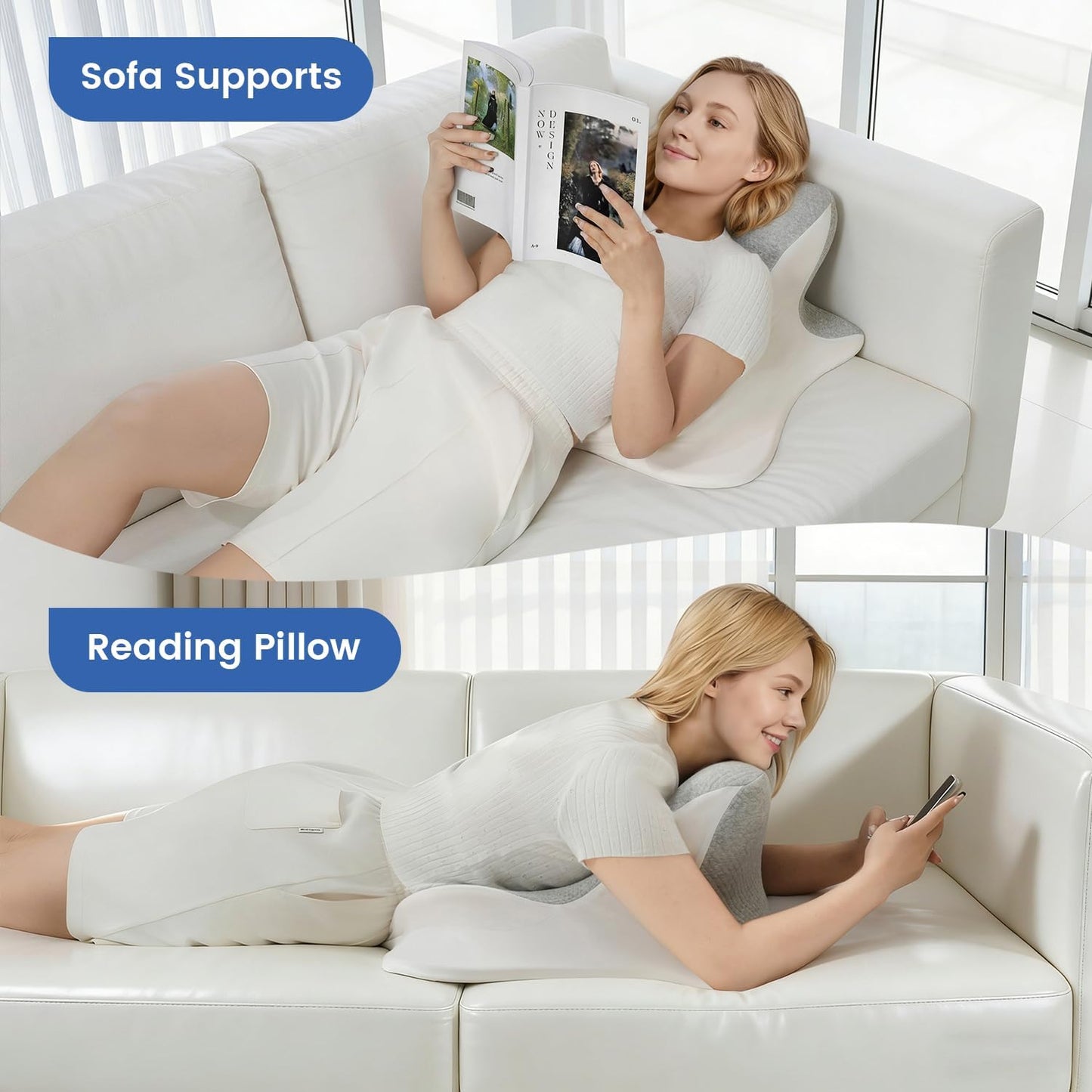 Reading Pillow for Bed, Ergonomic Memory Foam Bed Wedge Pillow for Headboard, Lying, Leaning and Prone, Chin & Back Support Pillows on Bedrest Floor Couch- Gray