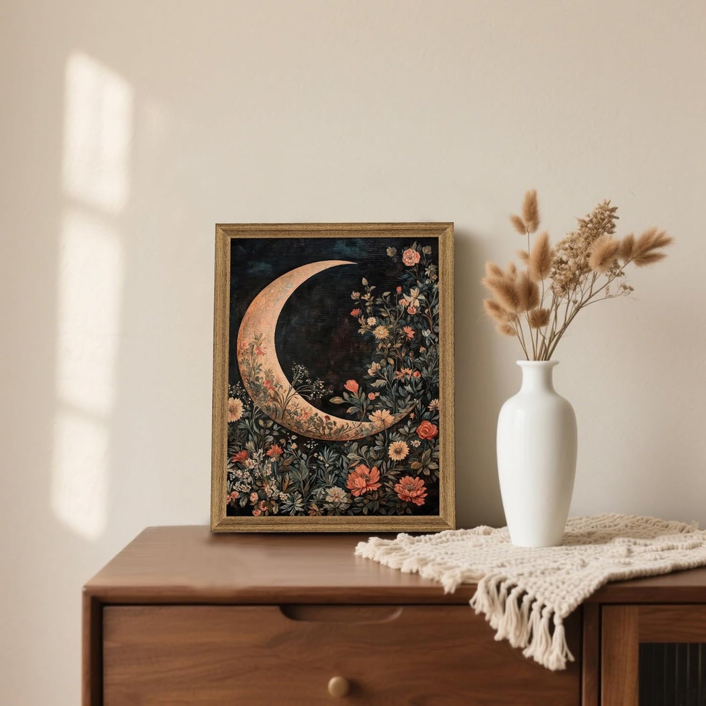 Palette Dreams Wood Framed Crescent Moon Wall Art with Vintage Floral Design, Wall Decor Art Print, Fade Resistant Canvas, Easy to Hang, for Bedroom Living Room Home Office Decor, 12x16 Inches