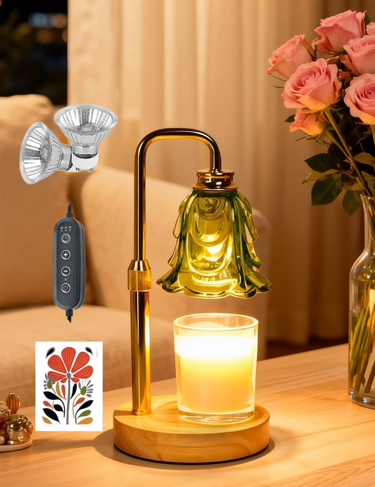 Candle Warmer Lamp with Timer, Green Flower Glass Candle Lamp Warmer, 5-Level Dimmable Lamp Candle Warmer Candle Wax Warmer Lamp, Adjustable Height Wax Melt Lamp Candle Burner Lamp