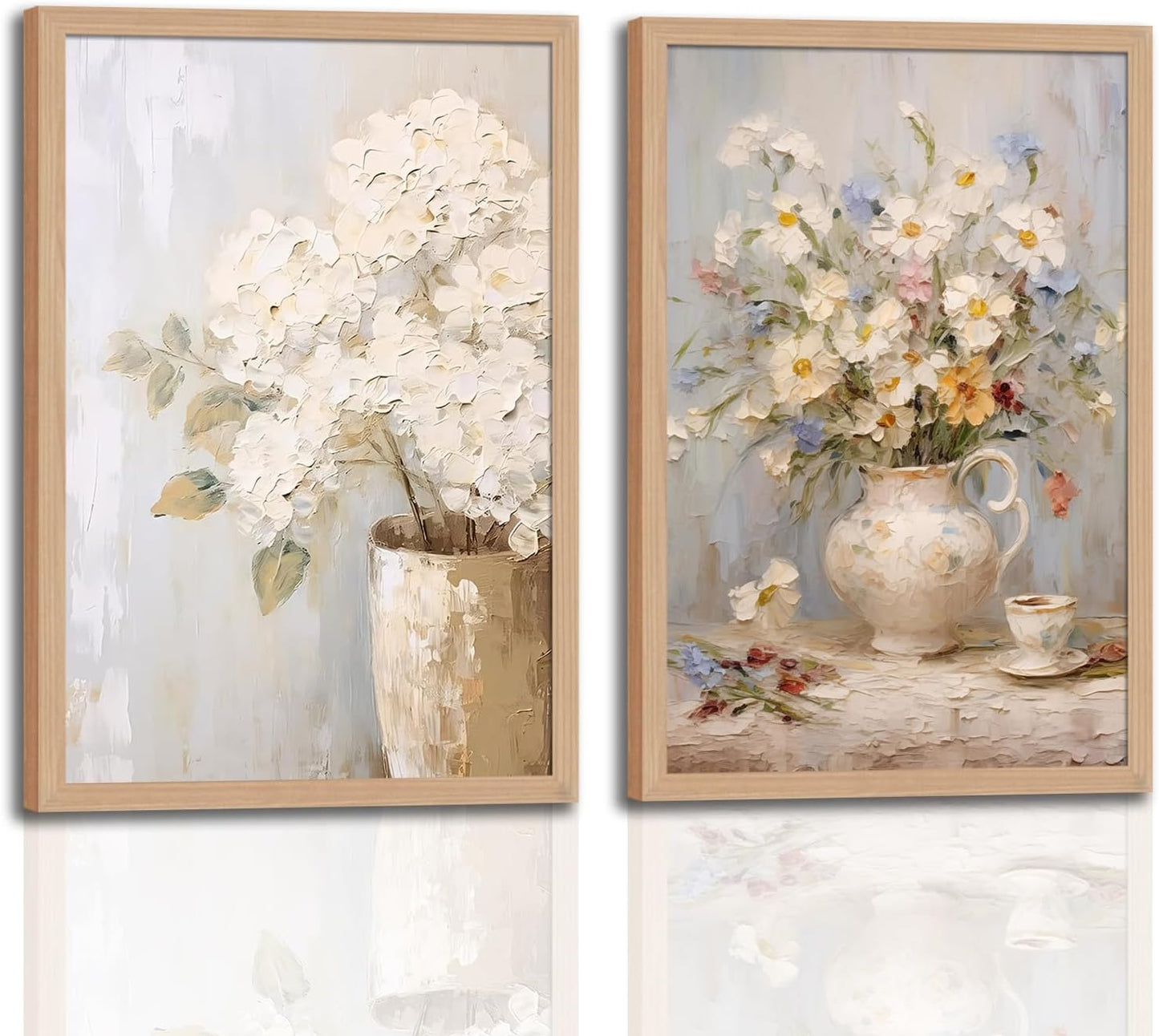 2Pcs Framed Vintage Canvas Wall Art, White Hydrangea Floral daisy Wall Decor Paintings, Flower Pictures Prints Aesthetic Home Decor for Living Room Bedroom Bathroom Office 12x16 inch Ready to Hang