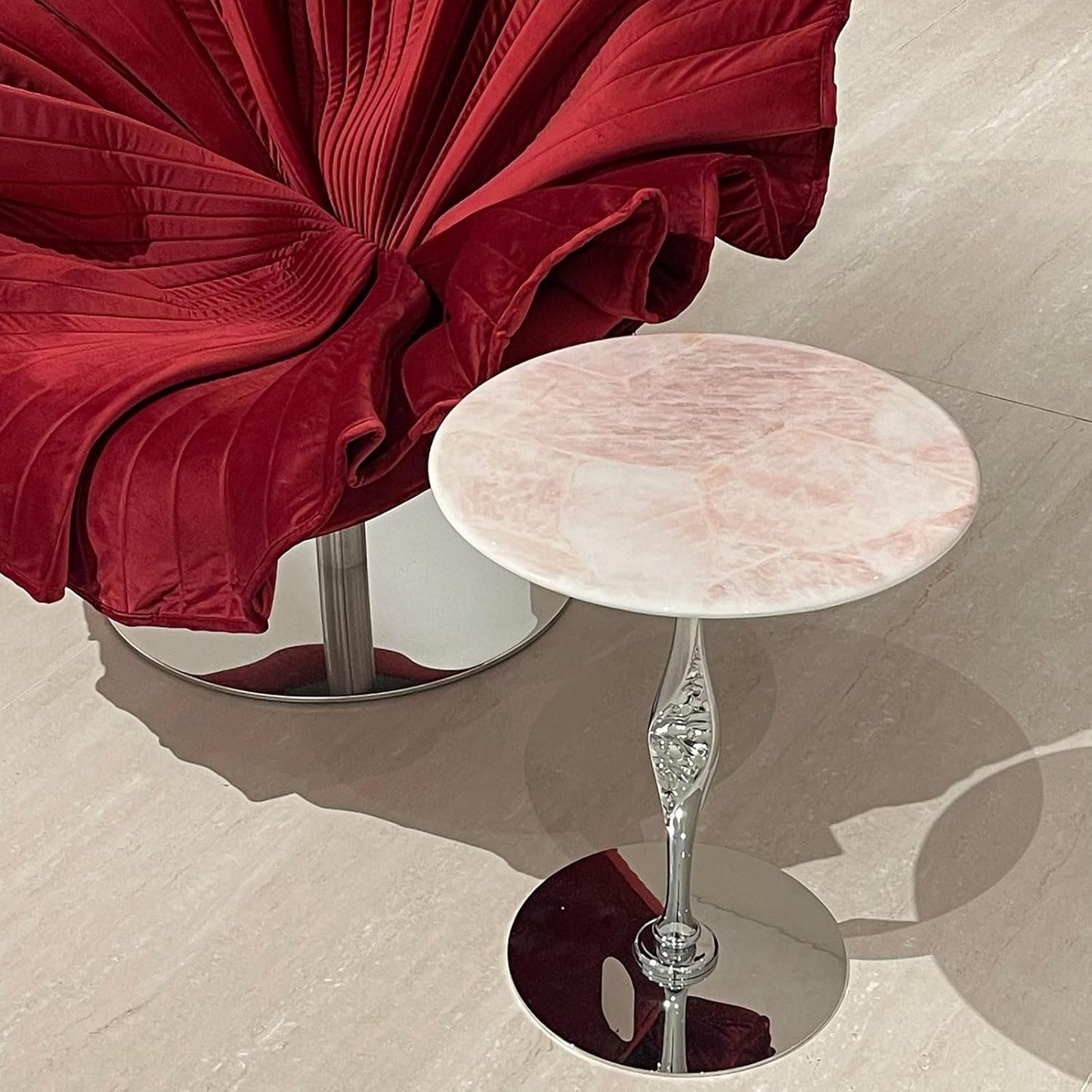Round Marble Bar Table, Pink Small End Table for Couch with Sliver Base, Bistro Cocktail Table Narrow Side Table for Tight Spaces Home Office Dining Room