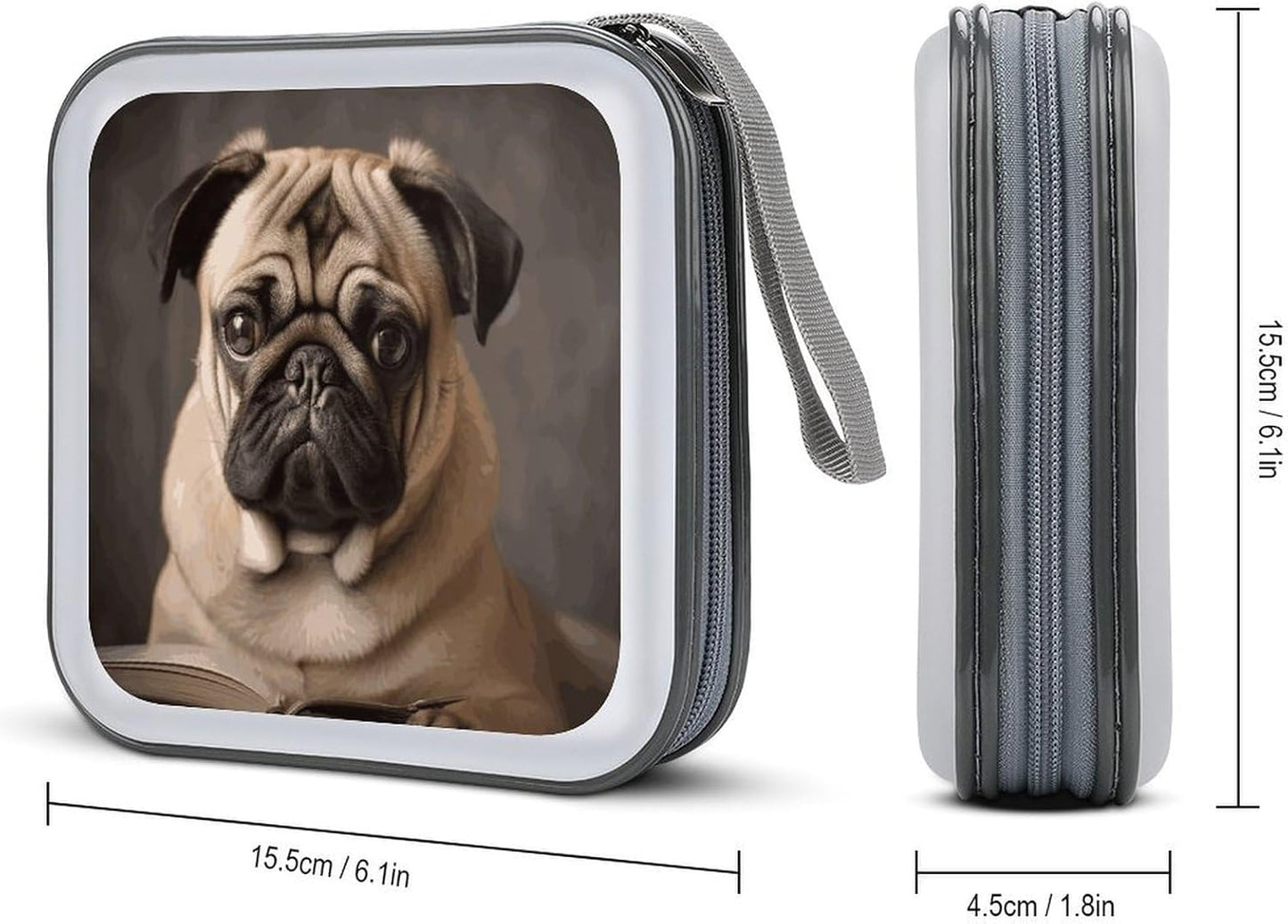Animal Pug Dog CD Case 40 Capacity Case Zipper CD Collection Bag with Handles Cover DVD Storage Hard Plastic DVD Disc Cases Storage Binder for Car Home Office Travel
