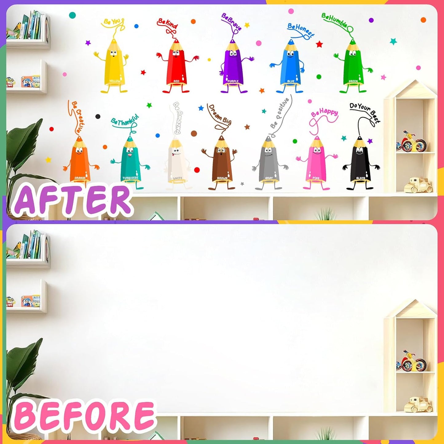 Kids Playroom Wall Stickers Color Wall Decal Peel and Stick Colorful Inspirational Art Decals for Classroom Be Kind Positive Quotes Walls Decor Crayon Vinyl Sticker for Daycare Nursery School Supplies
