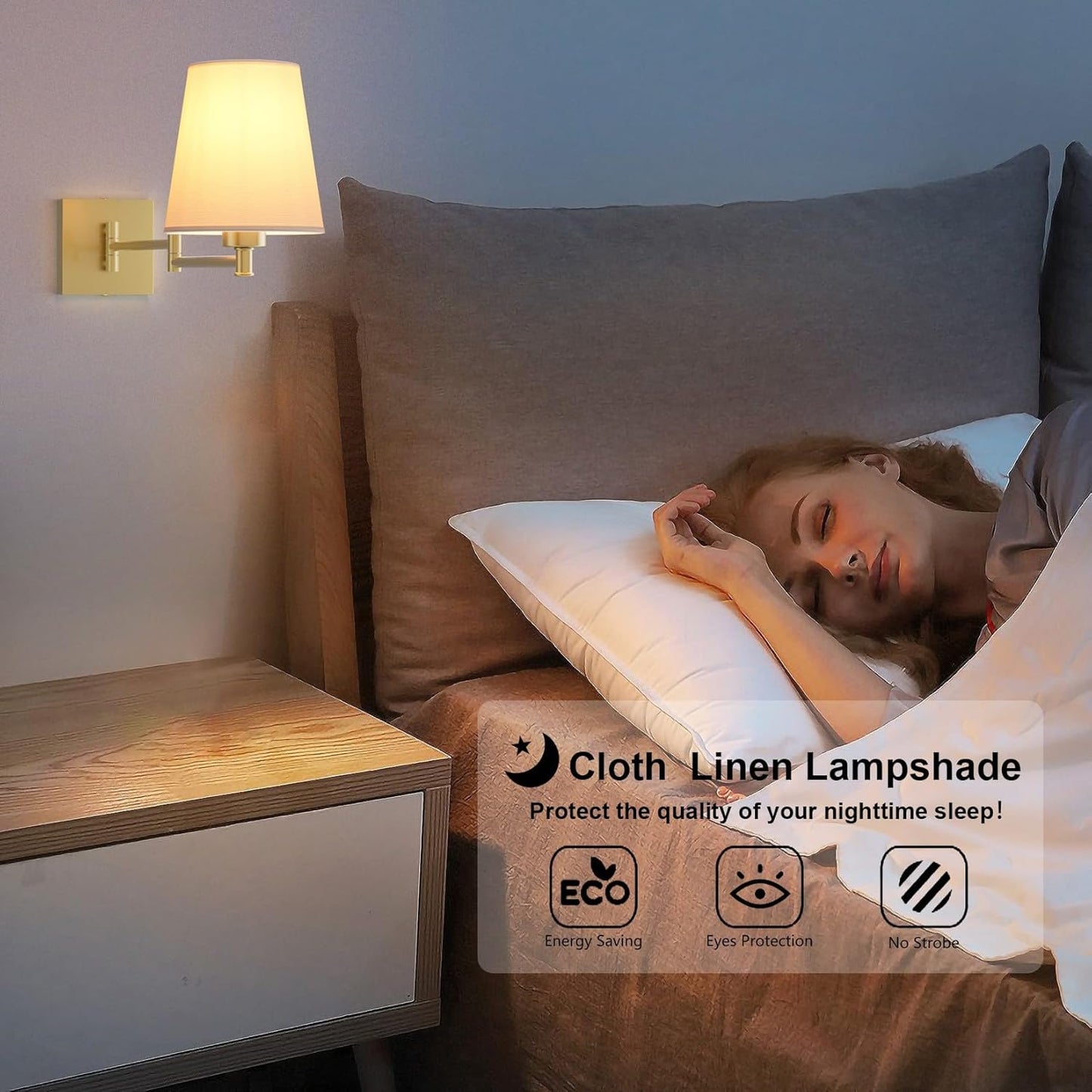 Aipsun Gold Wall Sconce Set of 2, Swing Arm Wall Lamps, Modern Bedroom Wall Sconce Fixtures with Fabric Lampshade for Reading Hallway Living Room(Exclude Bulb)