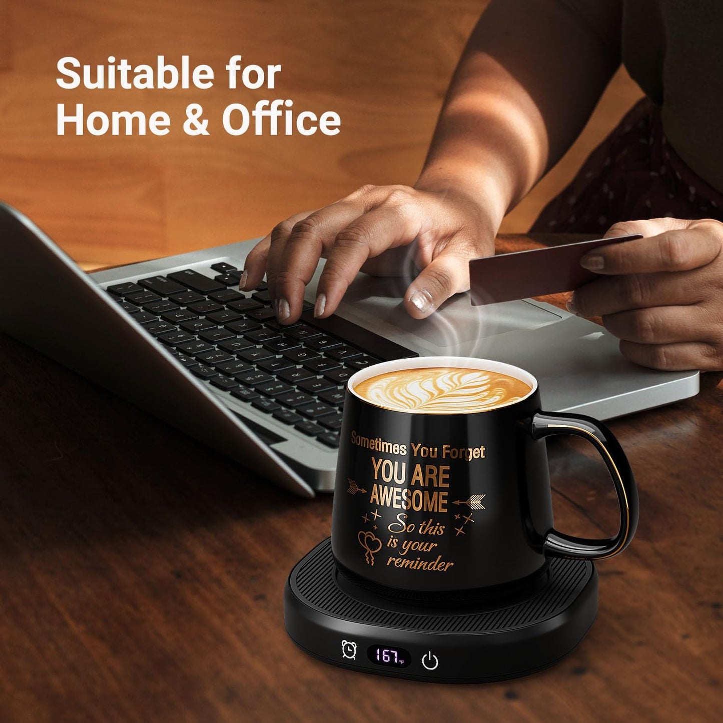 Coffee Mug Warmer & You are Awesome Mug Set, Electric Cup Warmer for Desk, Beverage Warmer with 4 Temperature Setting, 8-Hours Auto Shut Off