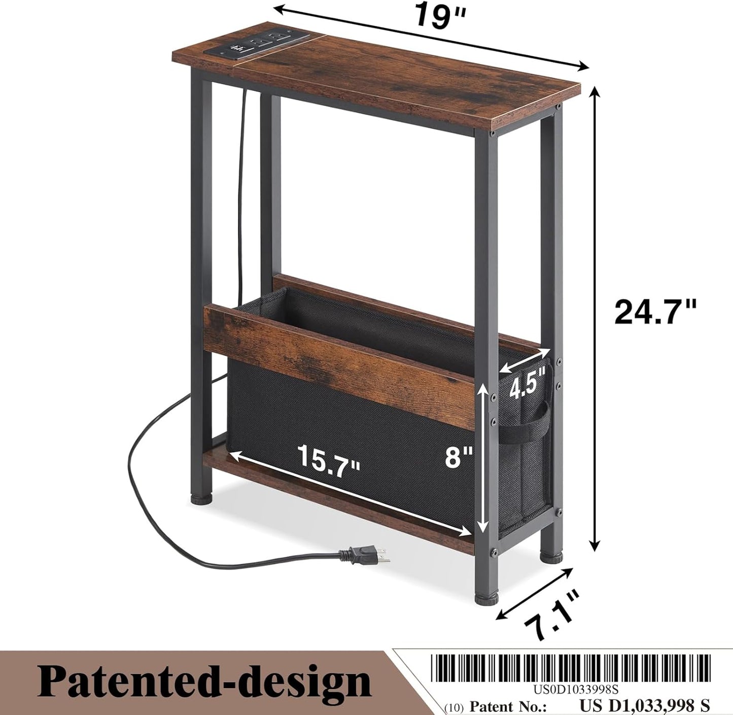 Slim Charging End Table with Storage - For Small Spaces and Bedroom