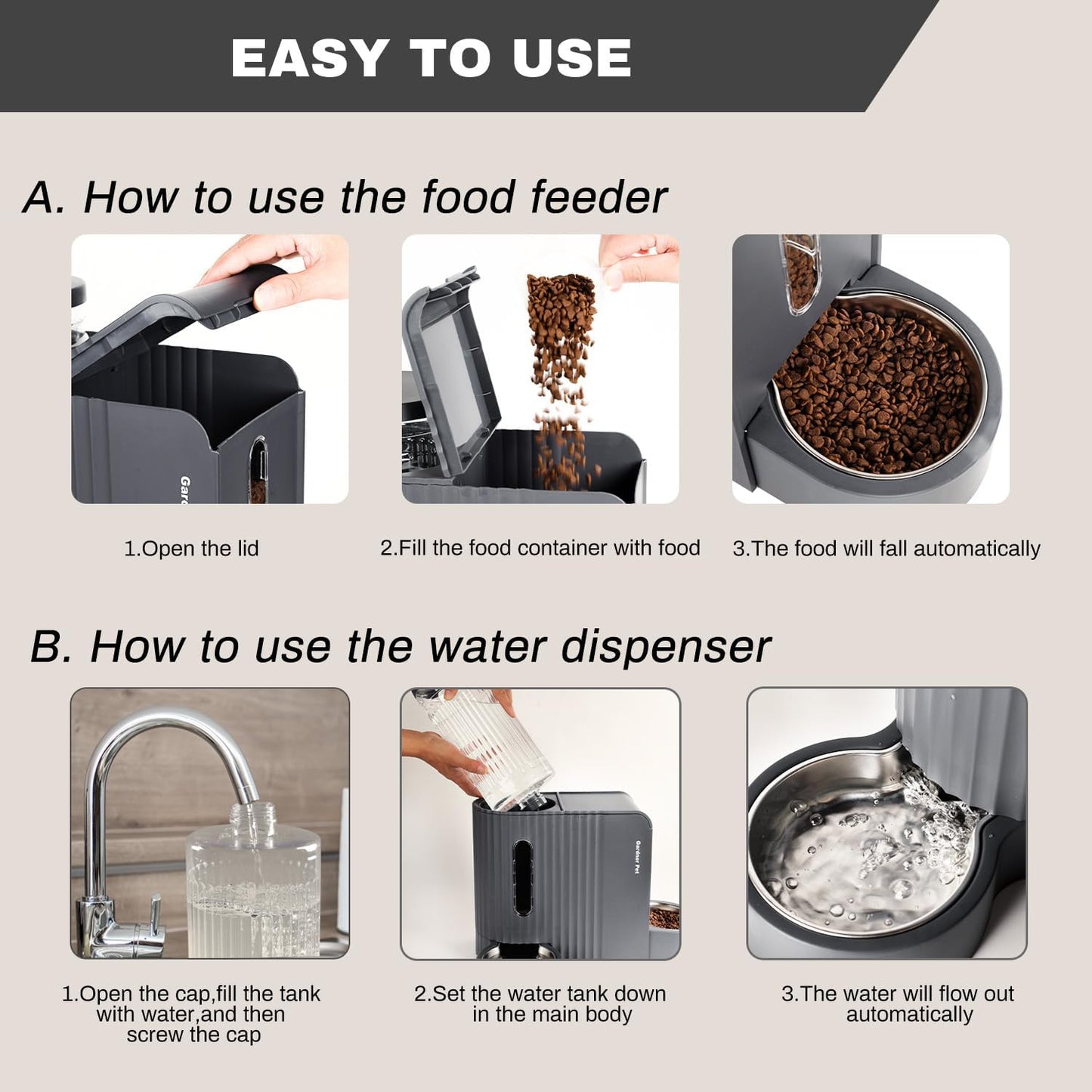 Gardner Pet Automatic Gravity Cat Food Feeder and Water Dispenser Stainless Steel Two-in-One Set Large Capacity Dispenser for Pets Dogs, Puppies, Kittens-(0.8 Gallons x 2)