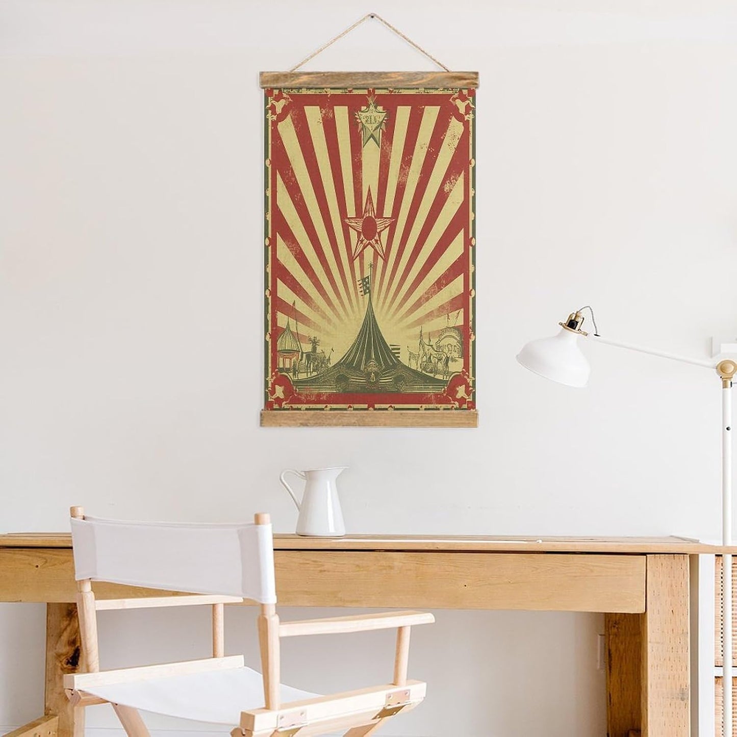 Vintage Vintage Circus Background Poster with Wooden Frame Personalized Linen Hanging Scroll Painting Rustic Wall Hanging Illustrative Modern Artwork Decor for Home Living Room Bedroom Office