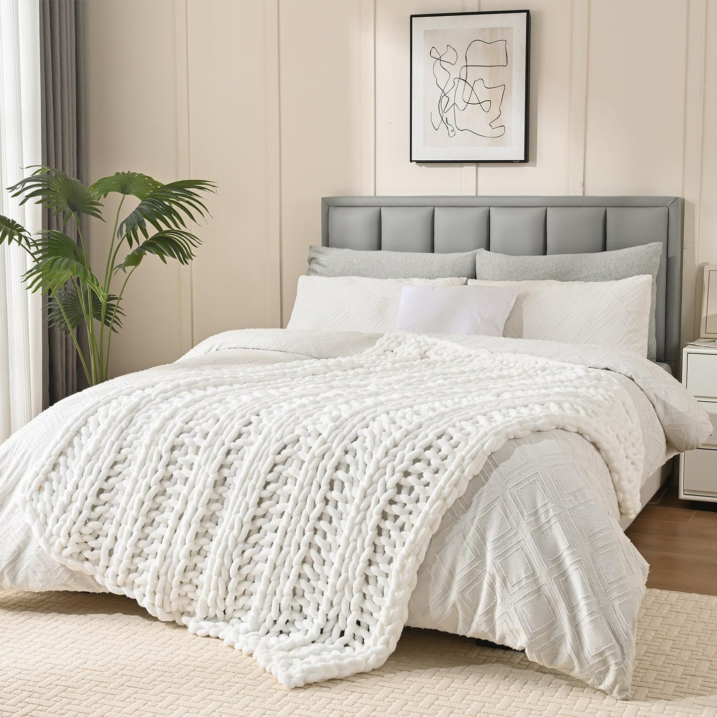 Esterra Chunky Knit Blanket Throw, 100% Handmade Chenille Throw Blanket 60"x80", Soft Thick Yarn Cable Knit Crochet Throw Blanket Rope Knot Throw for Couch Bed Sofa, Bright White