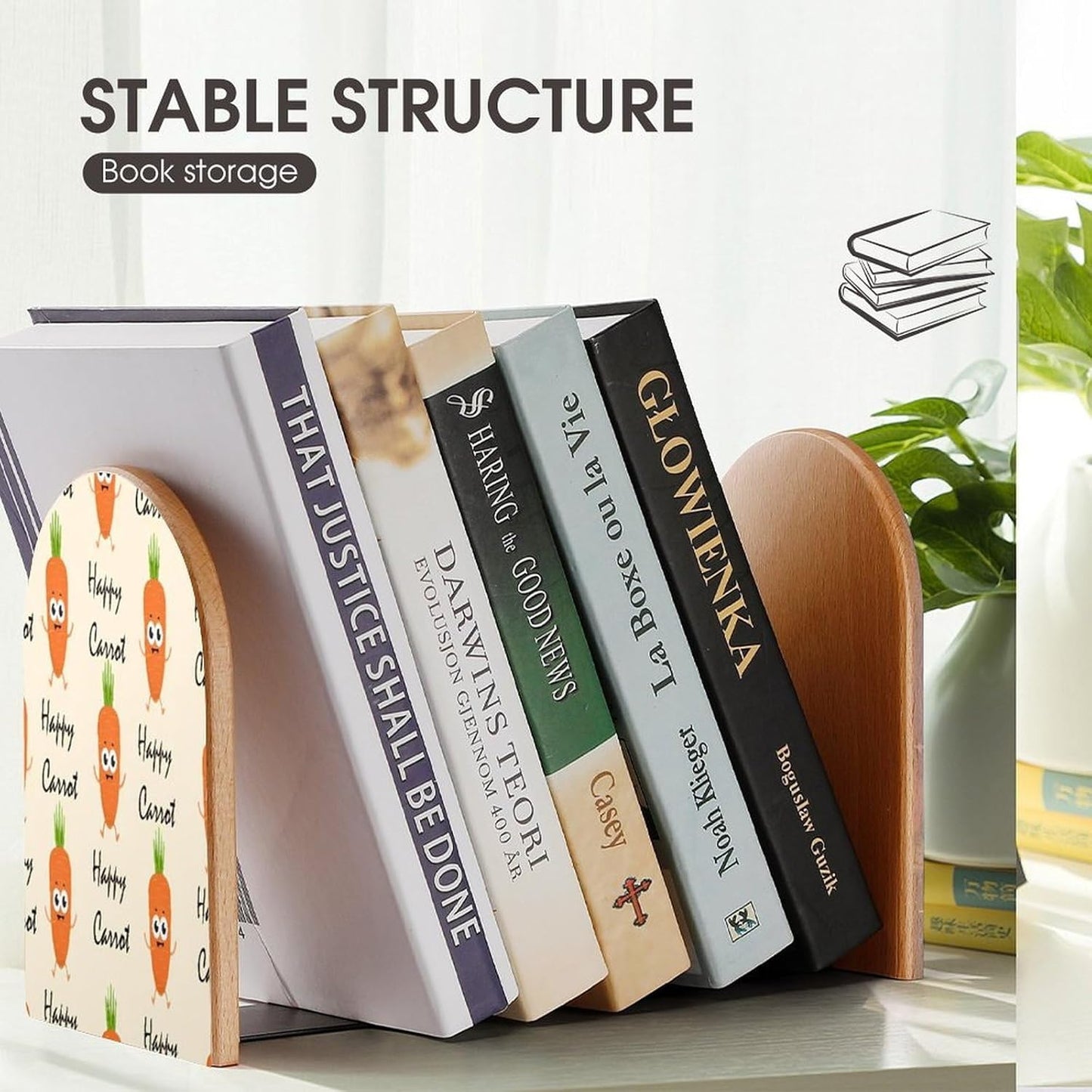 Happy Carrot Wooden Bookend Non-Slip Book Ends Heavy Duty Book Stopper with Metal Base Books Holderd Decorative Bookends Stands Firmly for Office Supplies