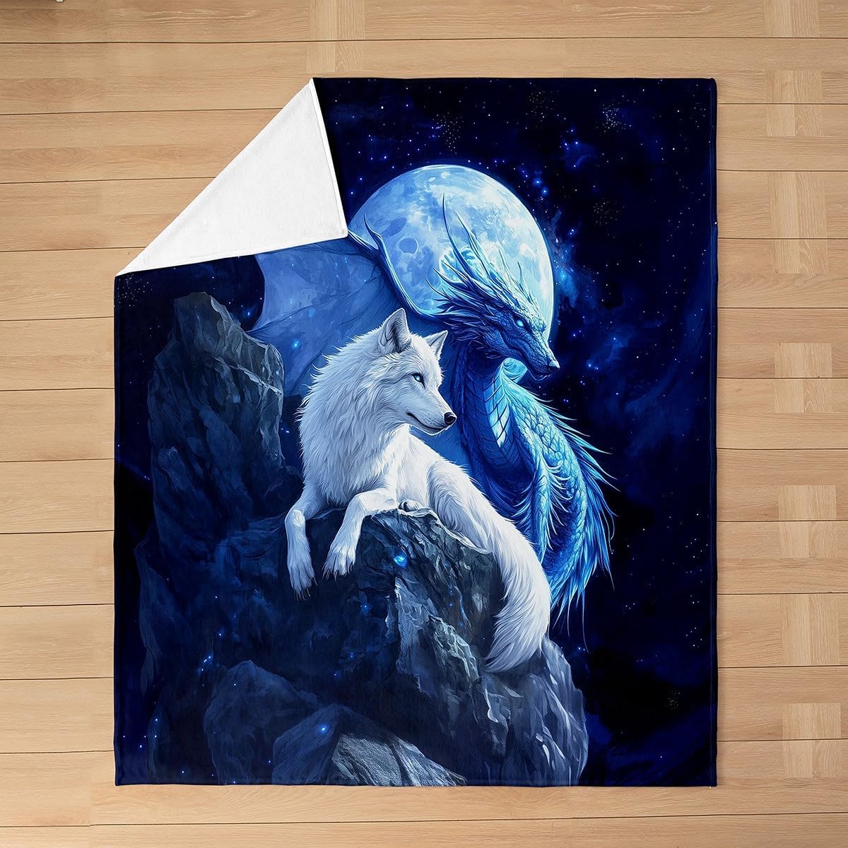 Wolf and Dragon Flannel Blankets,Western Magical Animals Fleece Blanket,Kids Girls Boys Adult Moonlight Night Fuzzy Blankets Natural Mountain Sherpa Blanket Chair Sofa Bed Decor,50"×60"