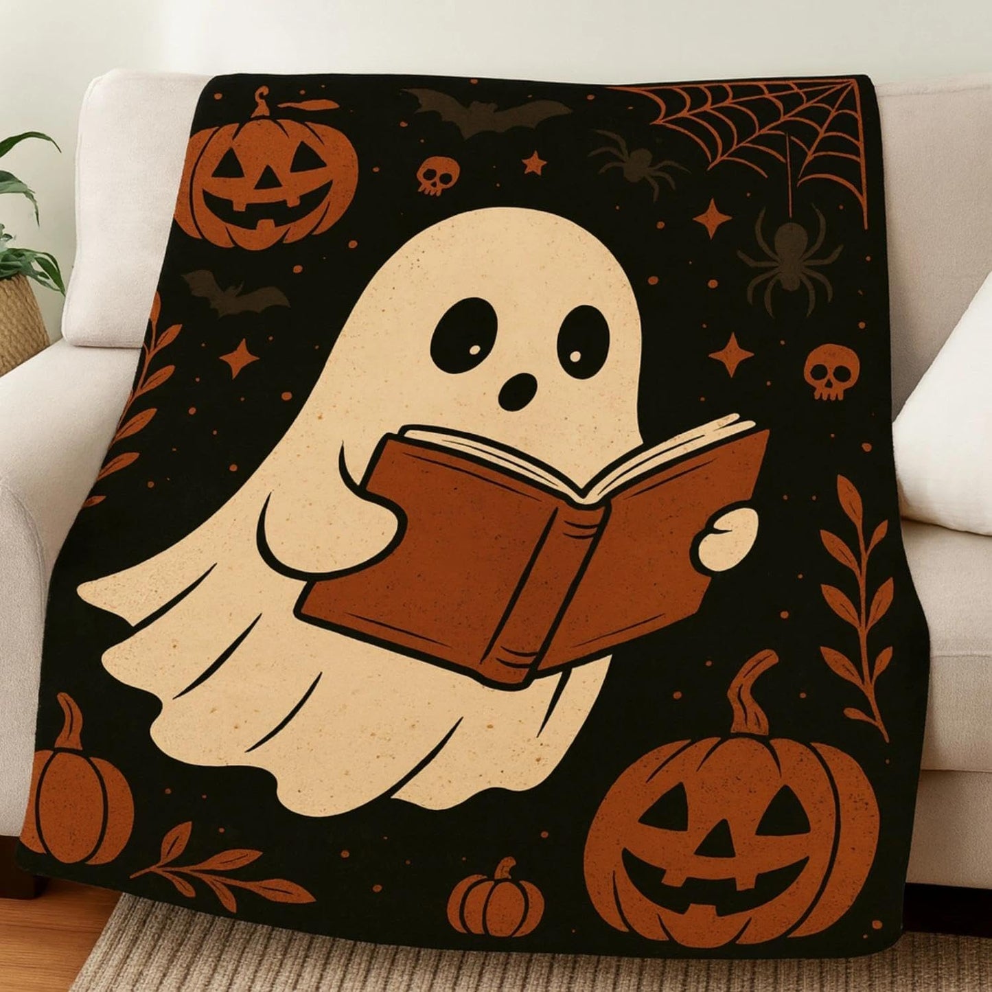 Ghost Reading Blanket 60×50 Inch – Halloween Cozy Soft Throw Blanket with Cute Ghost and Pumpkin Design, Spooky Halloween Decor for Bedroom, Living Room, Sofa, Couch