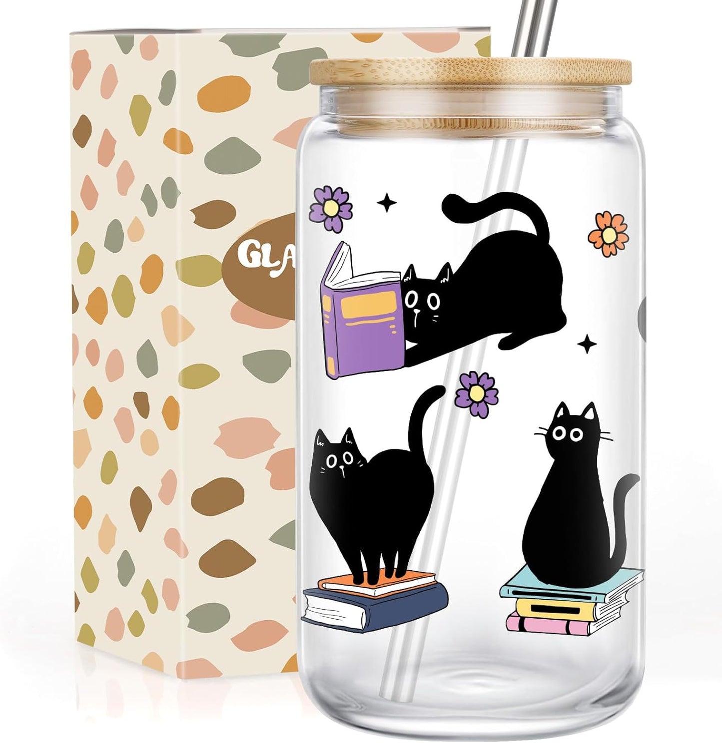 GSPY Black Cat Glass Cup, Funny Gifts for Cat Lovers & Book Lovers, Cute 16 oz Cat Themed Iced Coffee Cups - Bookish, Reader Tumbler Mug - Mothers Day, Birthday, Book, Reading Gifts for Women, Men