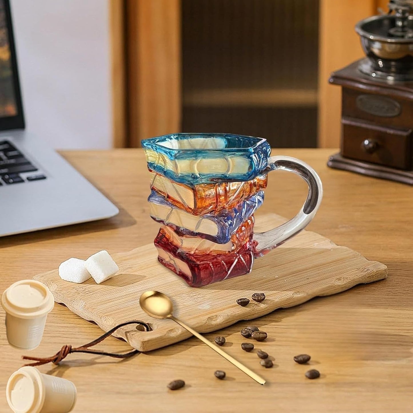Painted Book Mug for Women Book Lovers - Heat-Resistant Borosilicate Glass Coffee Tumbler with Hand-Painted Design, 11oz Cool Funny Bookish Cup (1+spoon)