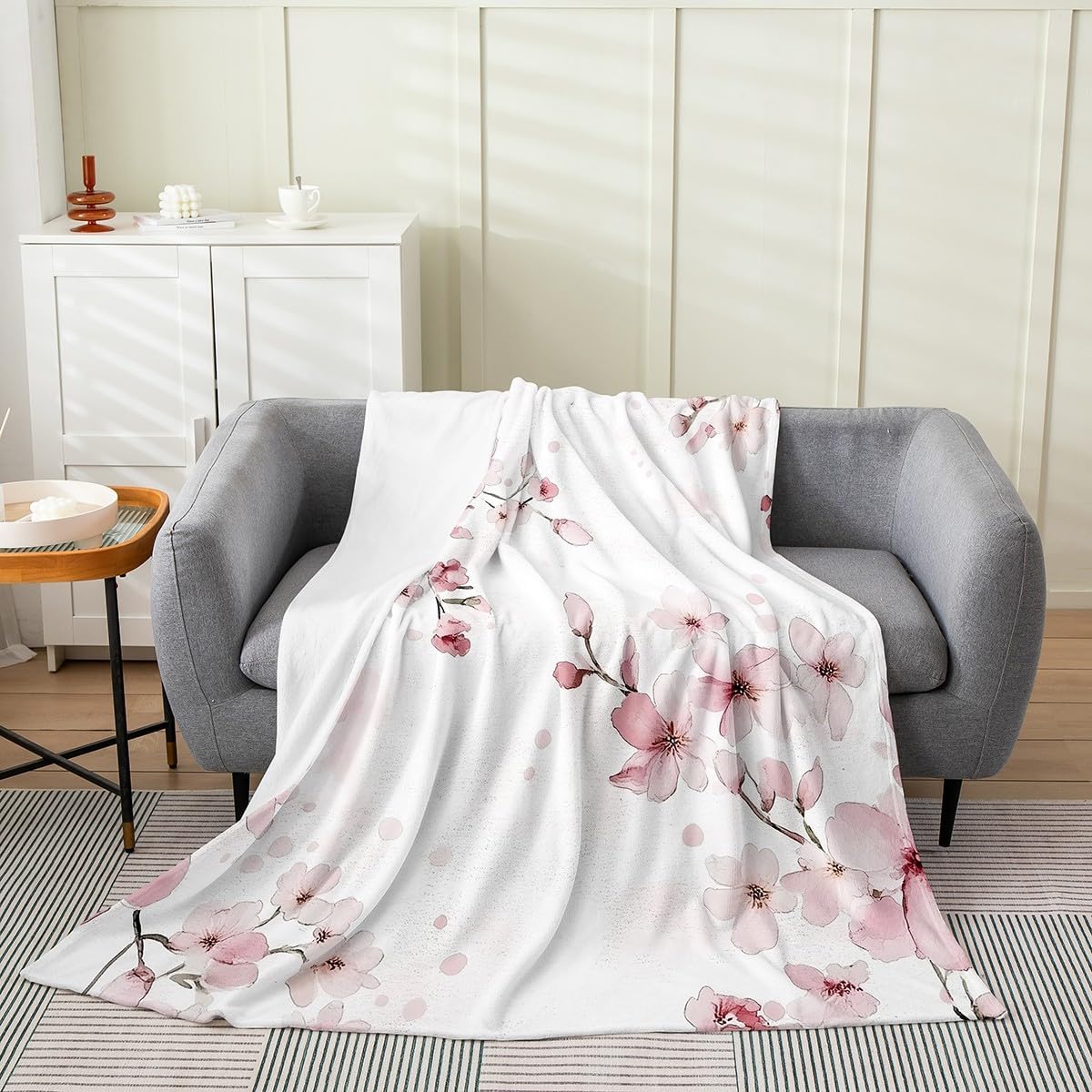Erosebridal Cherry Blossoms Throw Blanket 40x50 Inch for Bedroom Living Rooms Sofa Couch,Japanese Floral Fleece Blanket,Oil Painting Watercolor Flannel Blankets