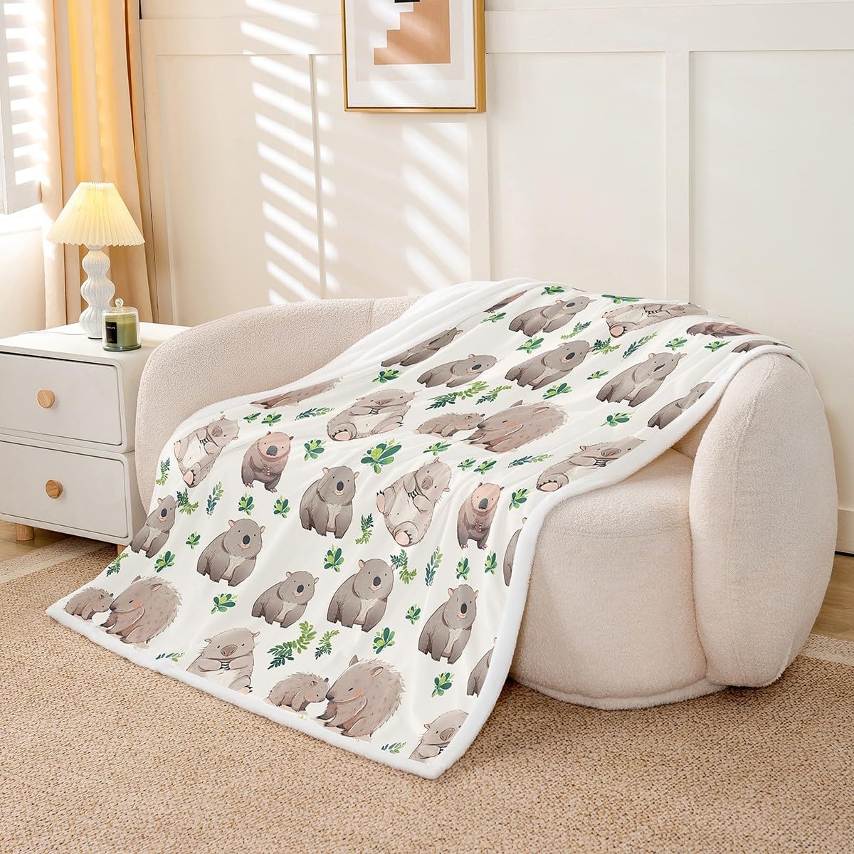 Cartoon Wombats Throw Blanket Throw 50x60 Watercolor Botanical Green Leaves Jungle Style Bed Blanket for Kids Boys Girls Teens Gray Cute Wild Animals Fleece Blanket for Living Room