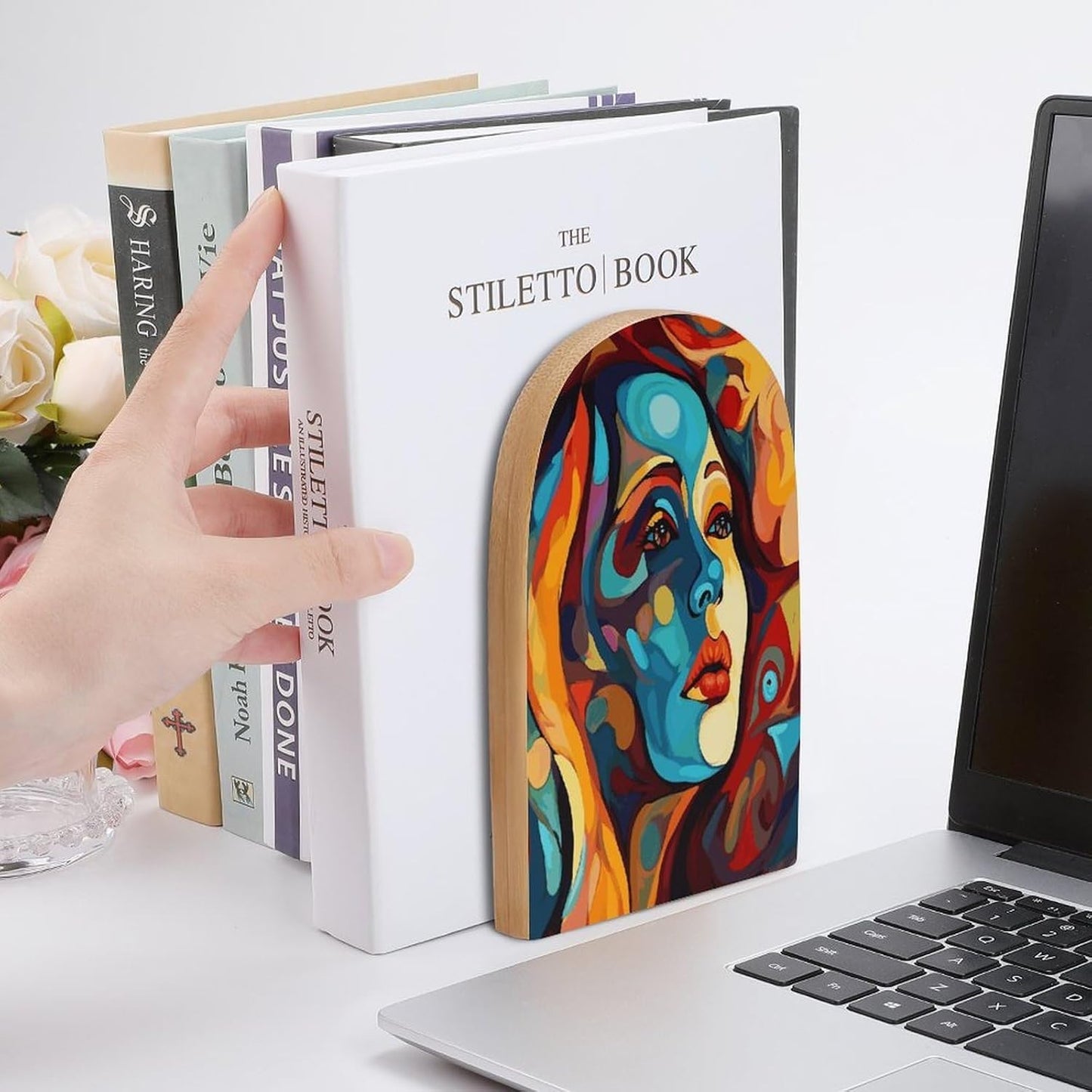 Non-Slip Bookend for Shelves Abstract Colored Woman Face Wooden Bookends with Metal Base Decorative Book Stopper for Home Heavy Duty Wood Book Storage for Books/CDs